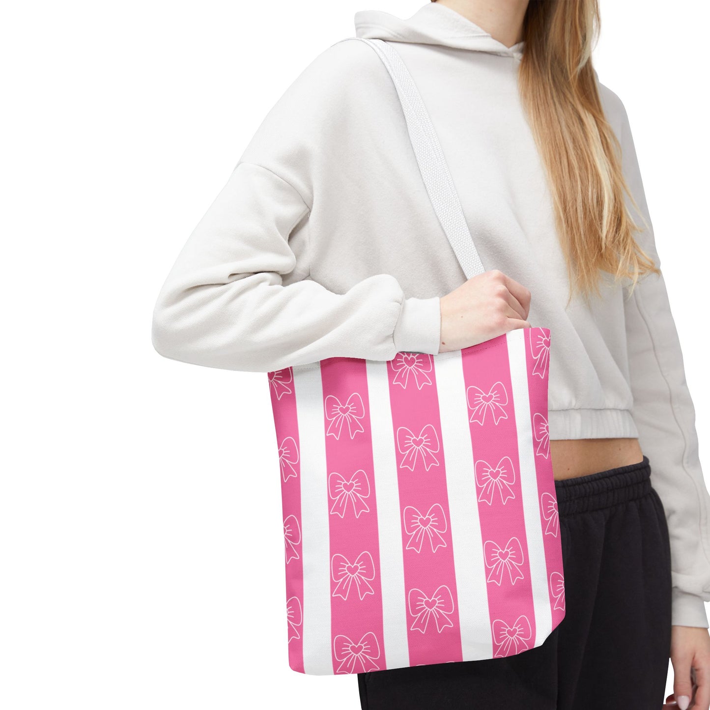 Pink Striped Bow Tote Bag — Cute Floral Bow Pattern All-Over Print Tote