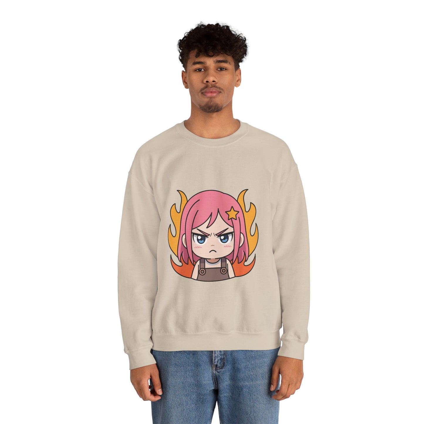 Sudadera de chica chibi enojada: adorable sudadera de cuello redondo con dibujos animados de anime y cabello flameante.