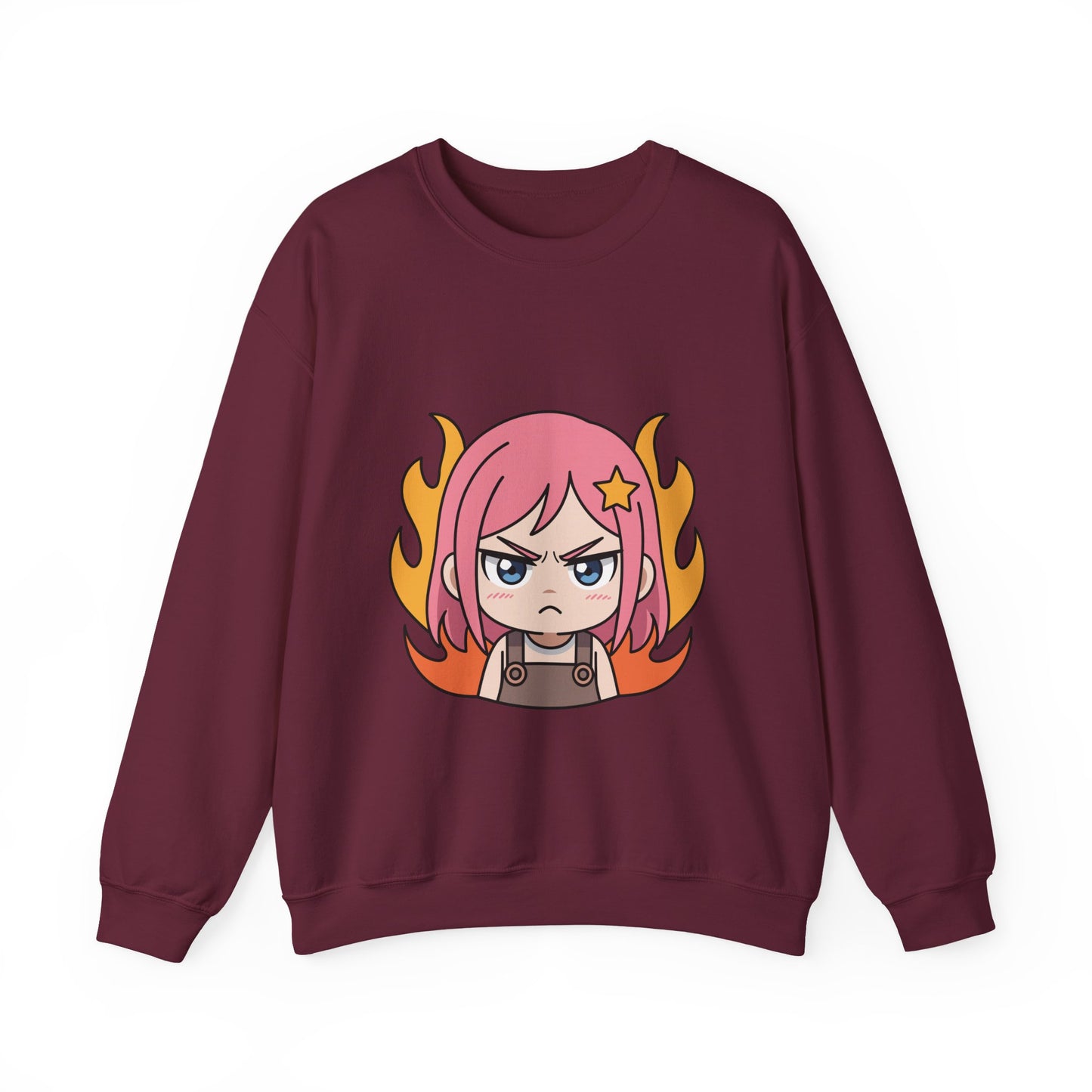 Sudadera de chica chibi enojada: adorable sudadera de cuello redondo con dibujos animados de anime y cabello flameante.