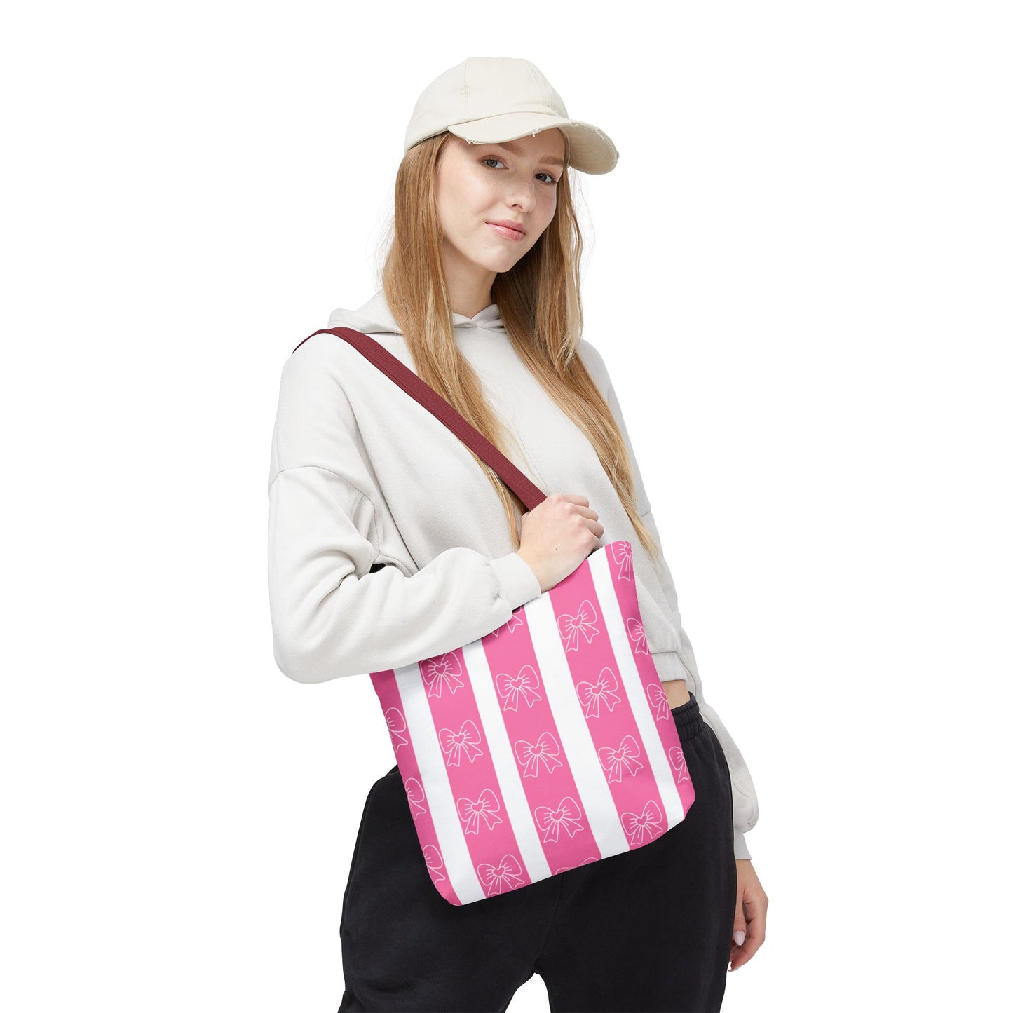 Pink Striped Bow Tote Bag — Cute Floral Bow Pattern All-Over Print Tote