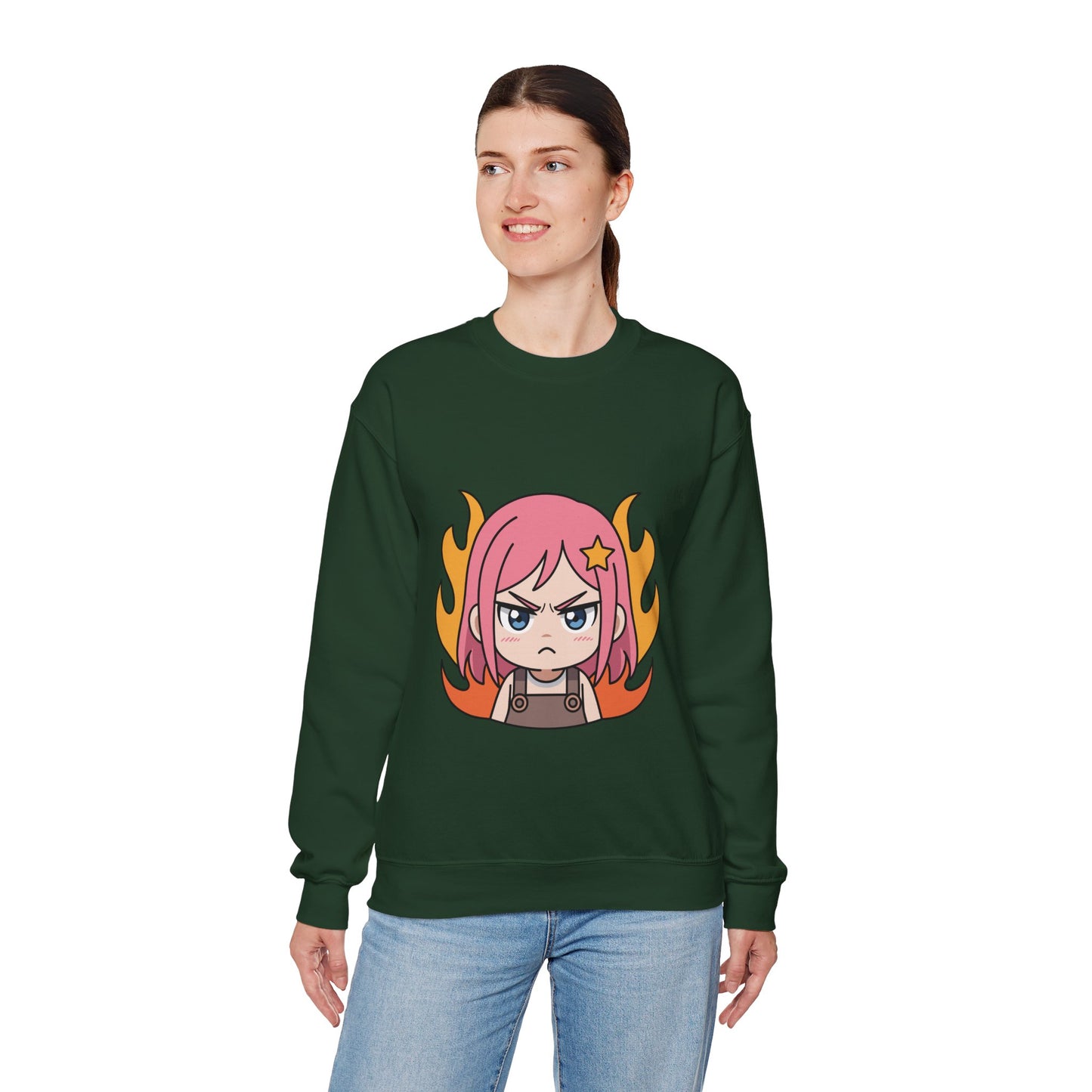 Sudadera de chica chibi enojada: adorable sudadera de cuello redondo con dibujos animados de anime y cabello flameante.