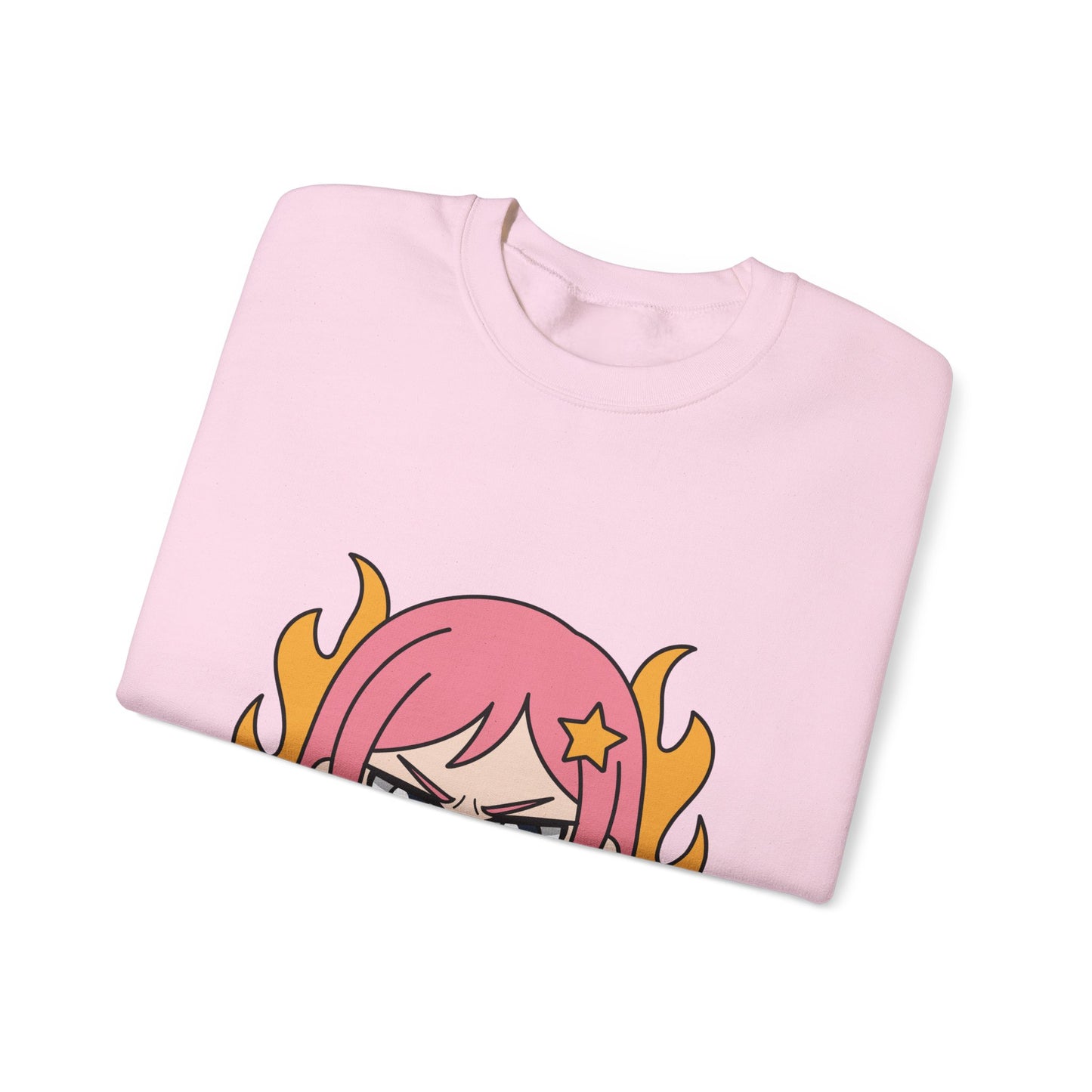 Sudadera de chica chibi enojada: adorable sudadera de cuello redondo con dibujos animados de anime y cabello flameante.