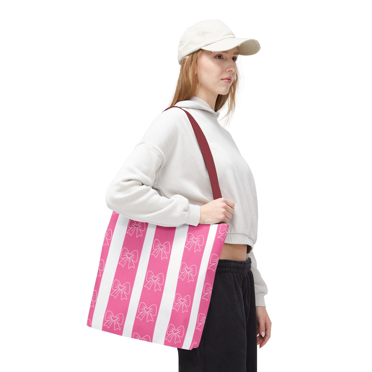Pink Striped Bow Tote Bag — Cute Floral Bow Pattern All-Over Print Tote