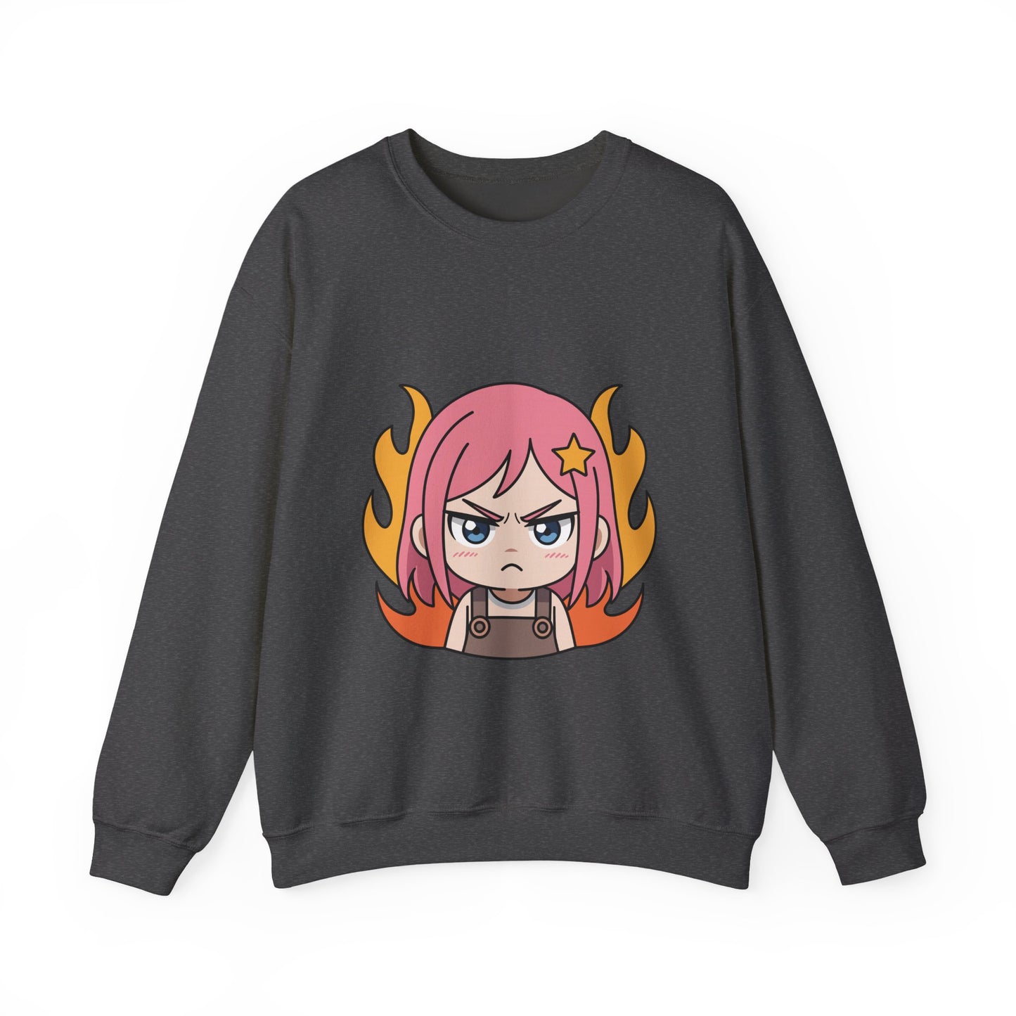 Sudadera de chica chibi enojada: adorable sudadera de cuello redondo con dibujos animados de anime y cabello flameante.