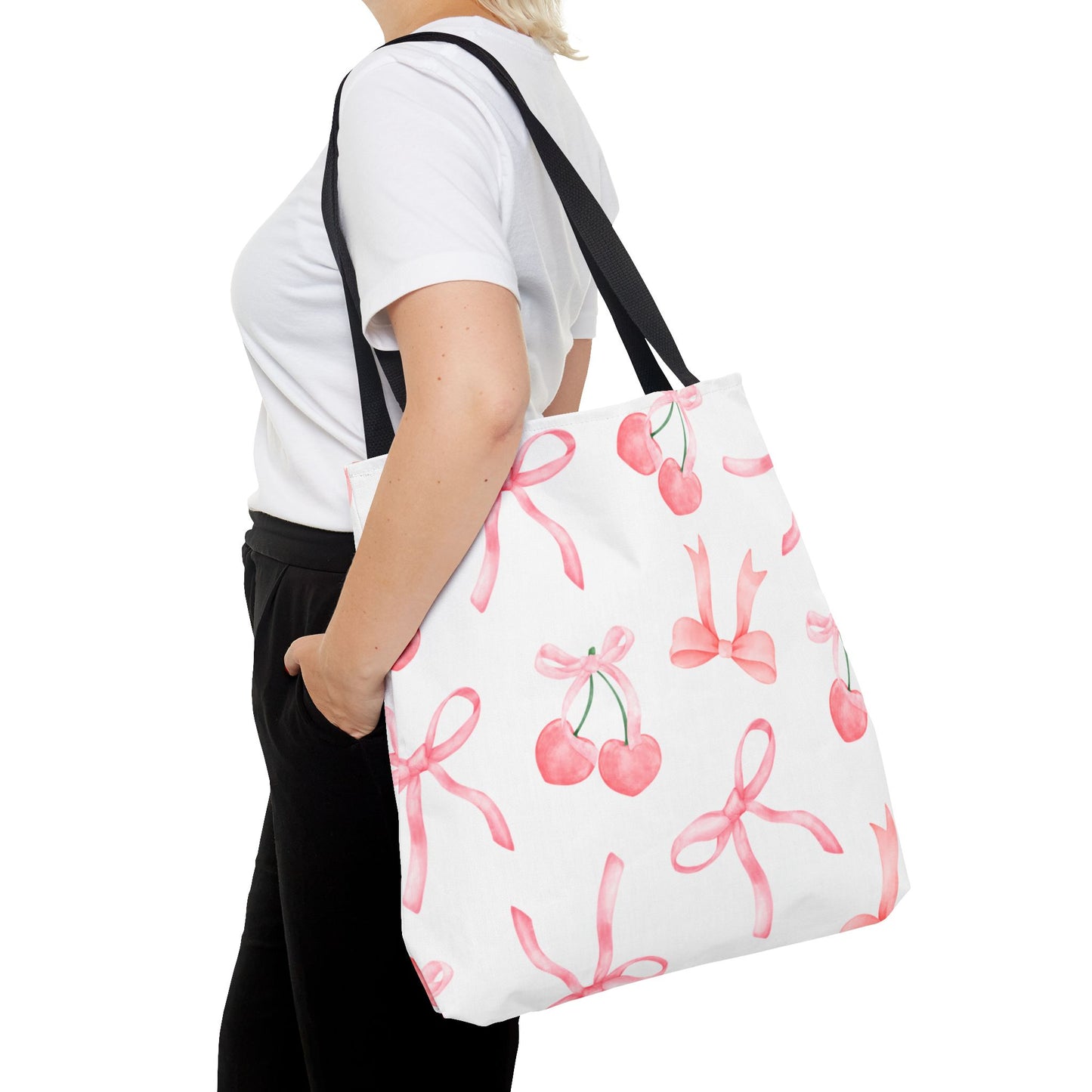 Pink Cherry Bow Tote Bag — Cute Watercolor Cherry Pattern