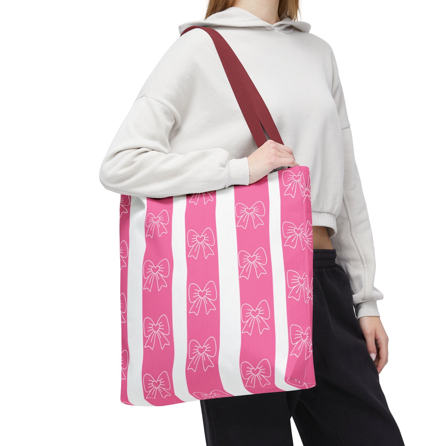 Pink Striped Bow Tote Bag — Cute Floral Bow Pattern All-Over Print Tote