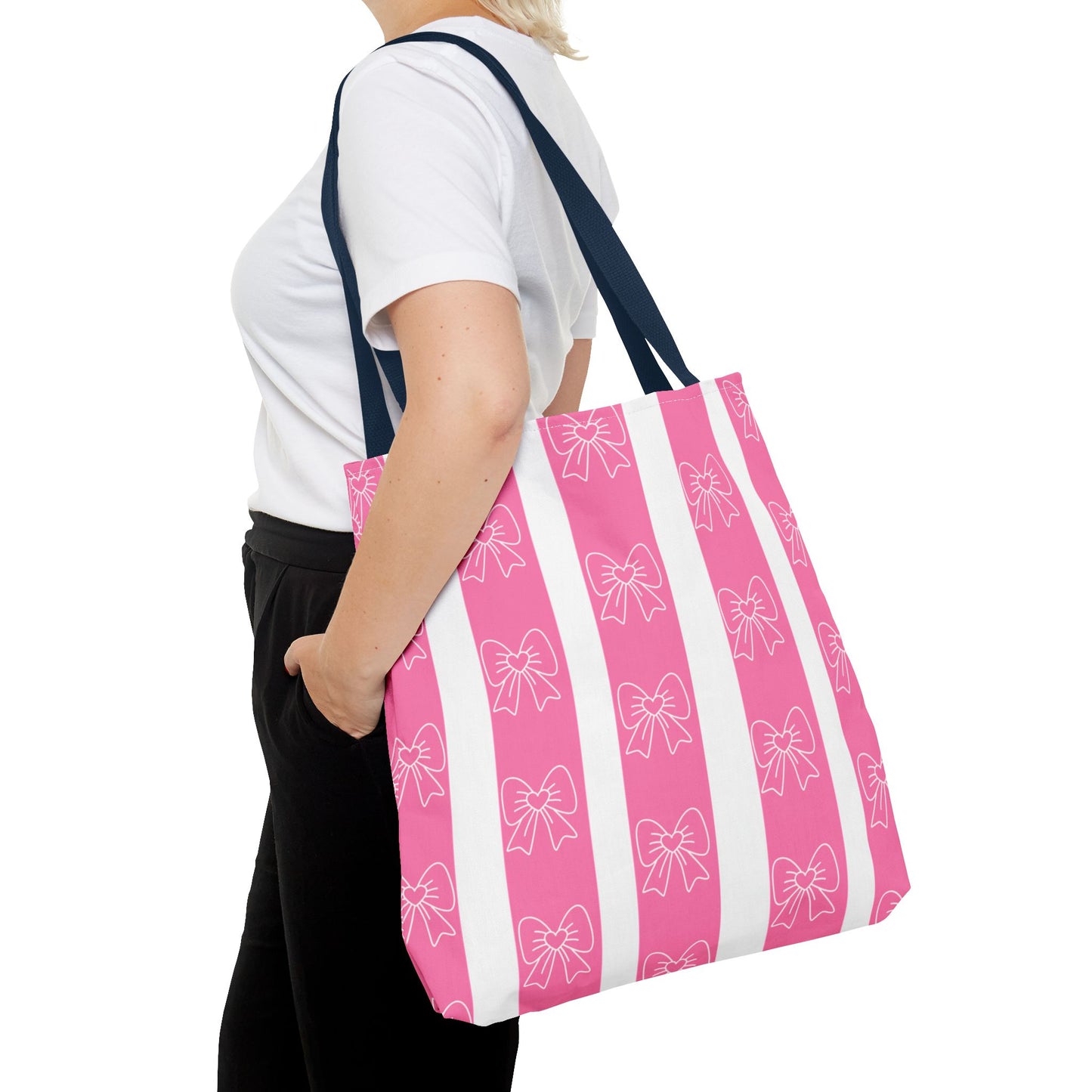 Pink Striped Bow Tote Bag — Cute Floral Bow Pattern All-Over Print Tote