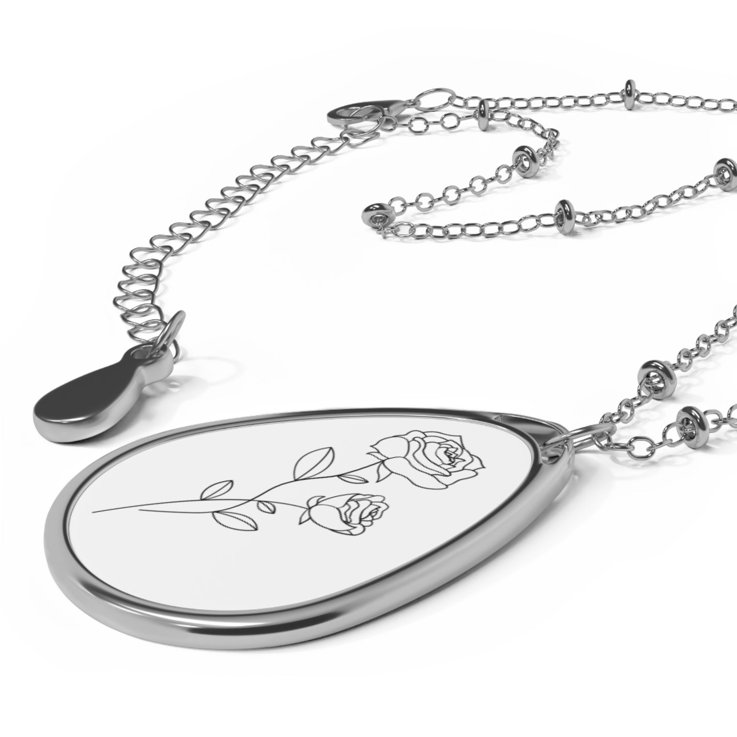Rose Engraved Oval Necklace — Sterling Teardrop Pendant