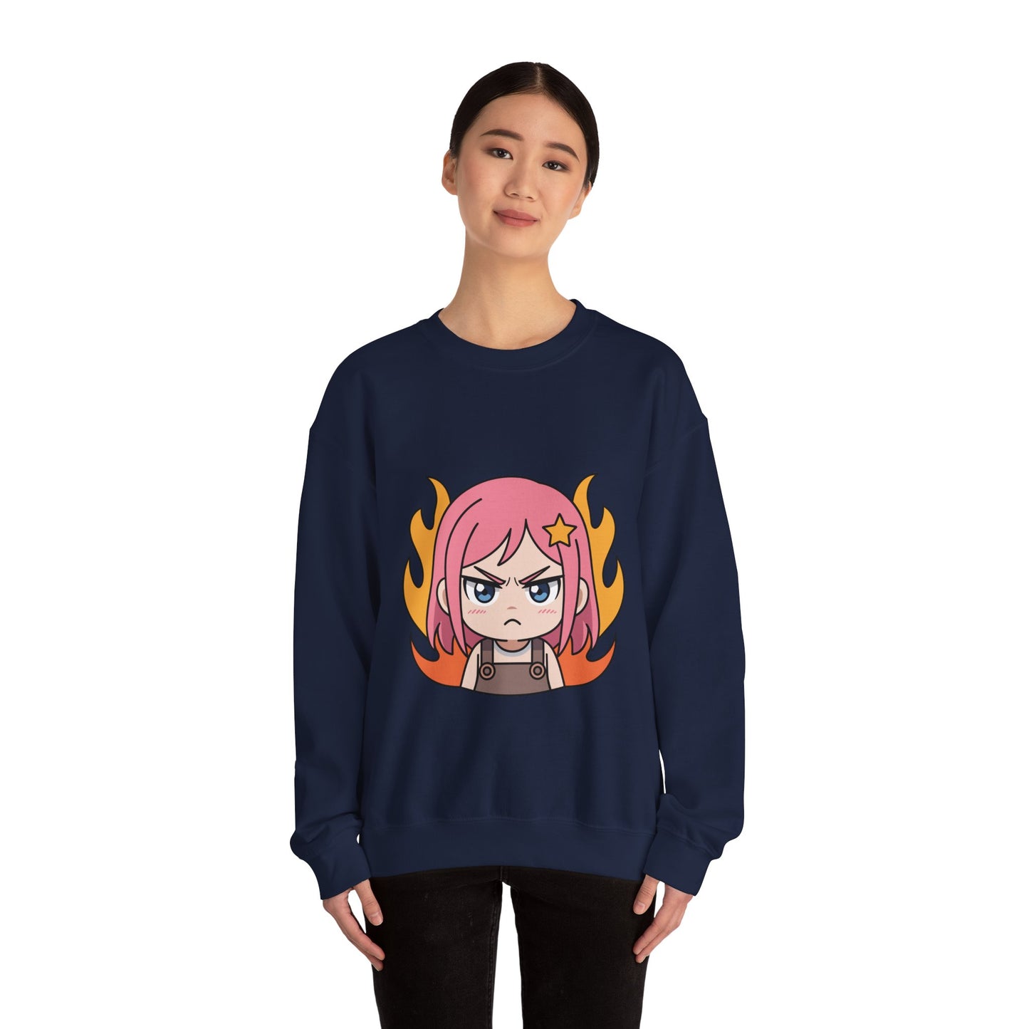 Sudadera de chica chibi enojada: adorable sudadera de cuello redondo con dibujos animados de anime y cabello flameante.