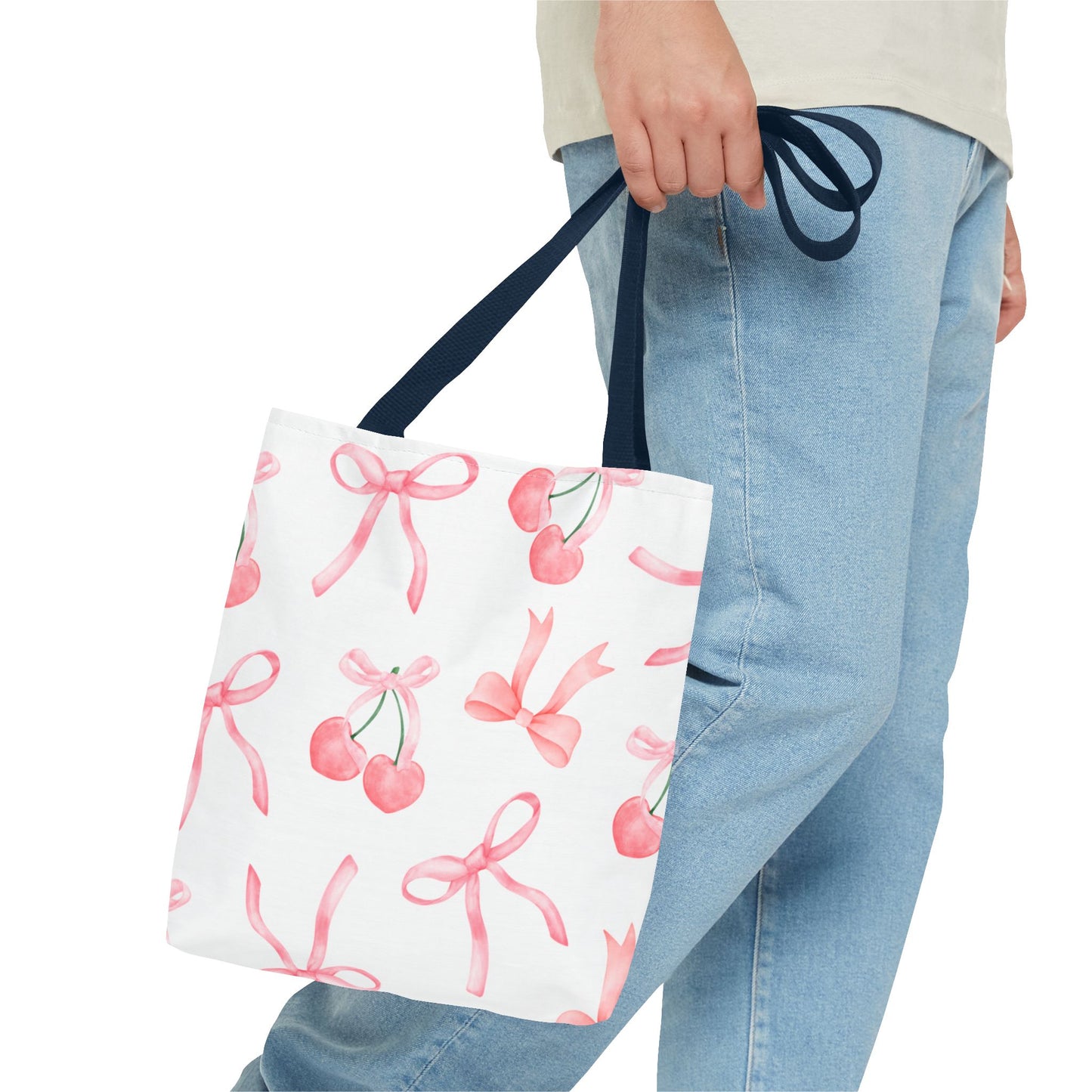 Pink Cherry Bow Tote Bag — Cute Watercolor Cherry Pattern