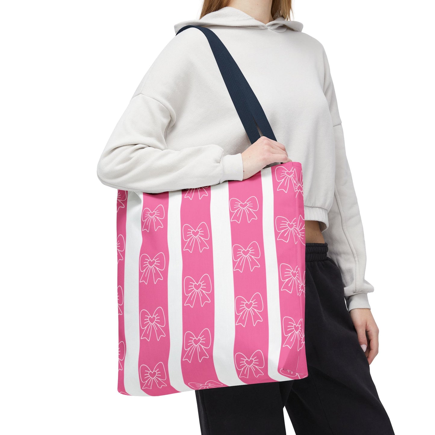 Pink Striped Bow Tote Bag — Cute Floral Bow Pattern All-Over Print Tote