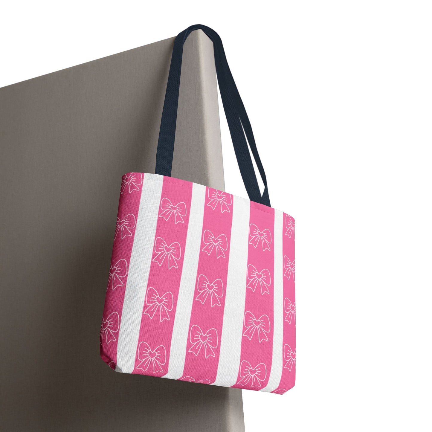 Pink Striped Bow Tote Bag — Cute Floral Bow Pattern All-Over Print Tote