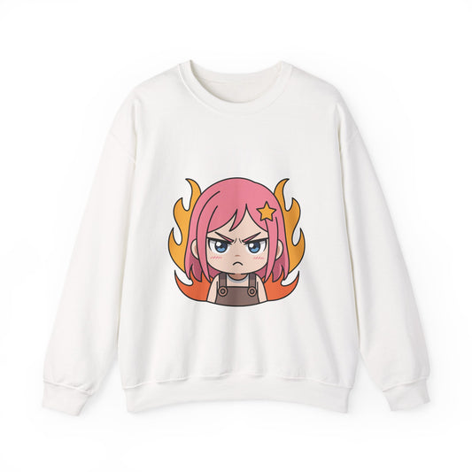 Sudadera de chica chibi enojada: adorable sudadera de cuello redondo con dibujos animados de anime y cabello flameante.