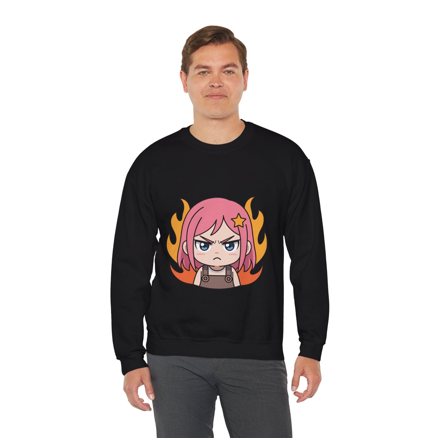 Sudadera de chica chibi enojada: adorable sudadera de cuello redondo con dibujos animados de anime y cabello flameante.