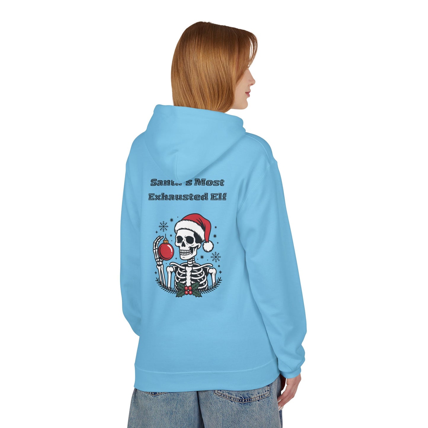 Weihnachtsmann-Hoodie mit erschöpftem Elfenmotiv – Lustiges Skelett-Weihnachts-Sweatshirt