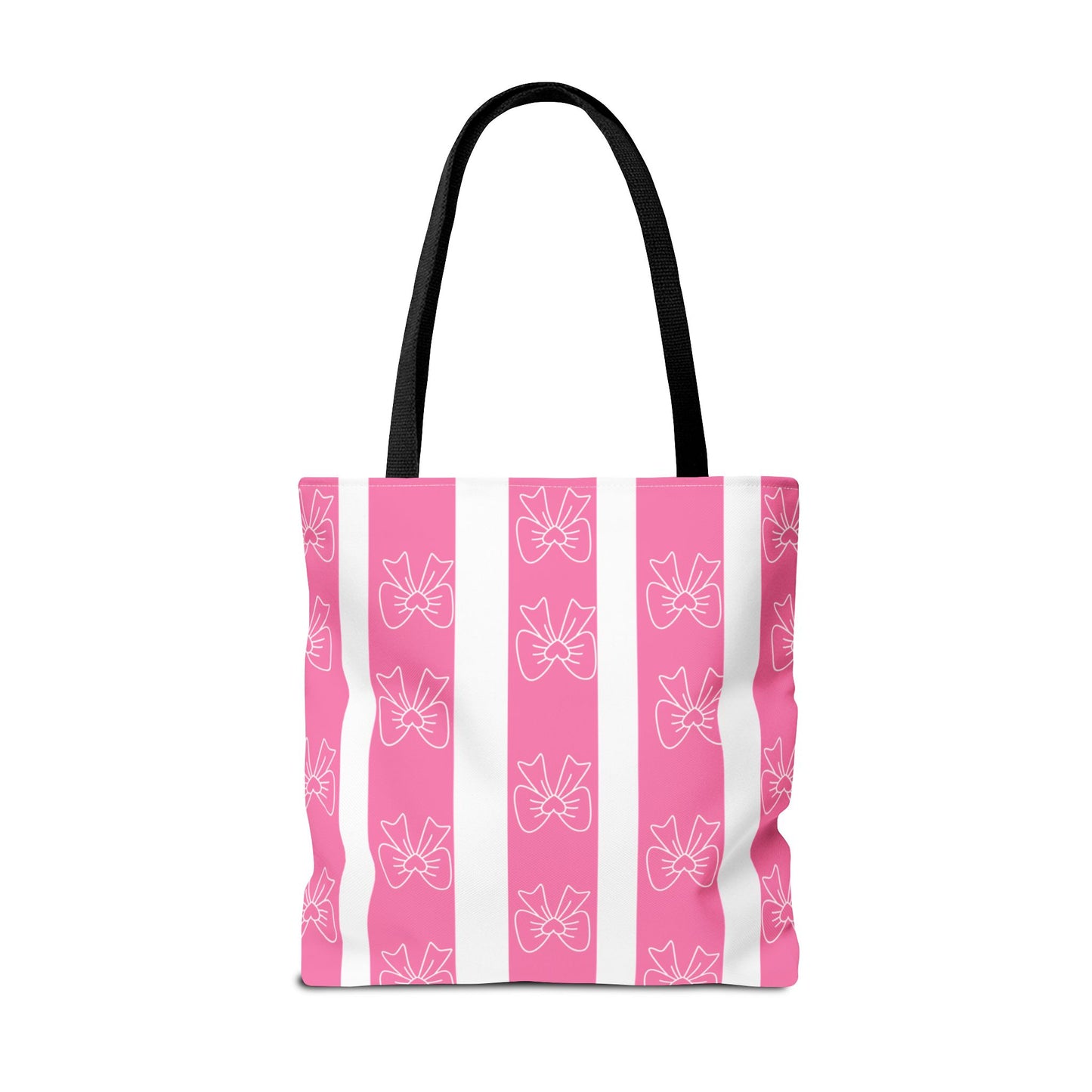 Pink Striped Bow Tote Bag — Cute Floral Bow Pattern All-Over Print Tote