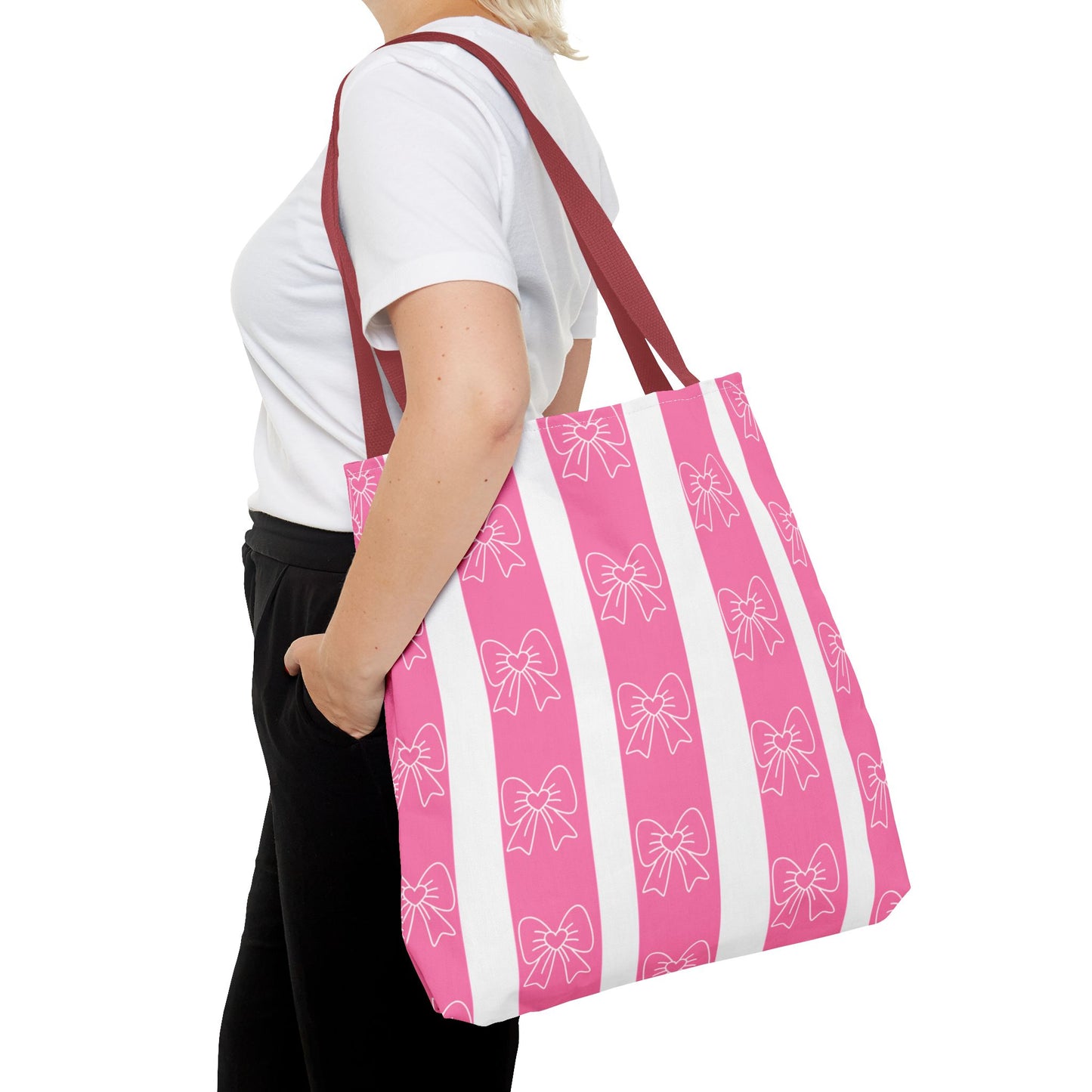 Pink Striped Bow Tote Bag — Cute Floral Bow Pattern All-Over Print Tote