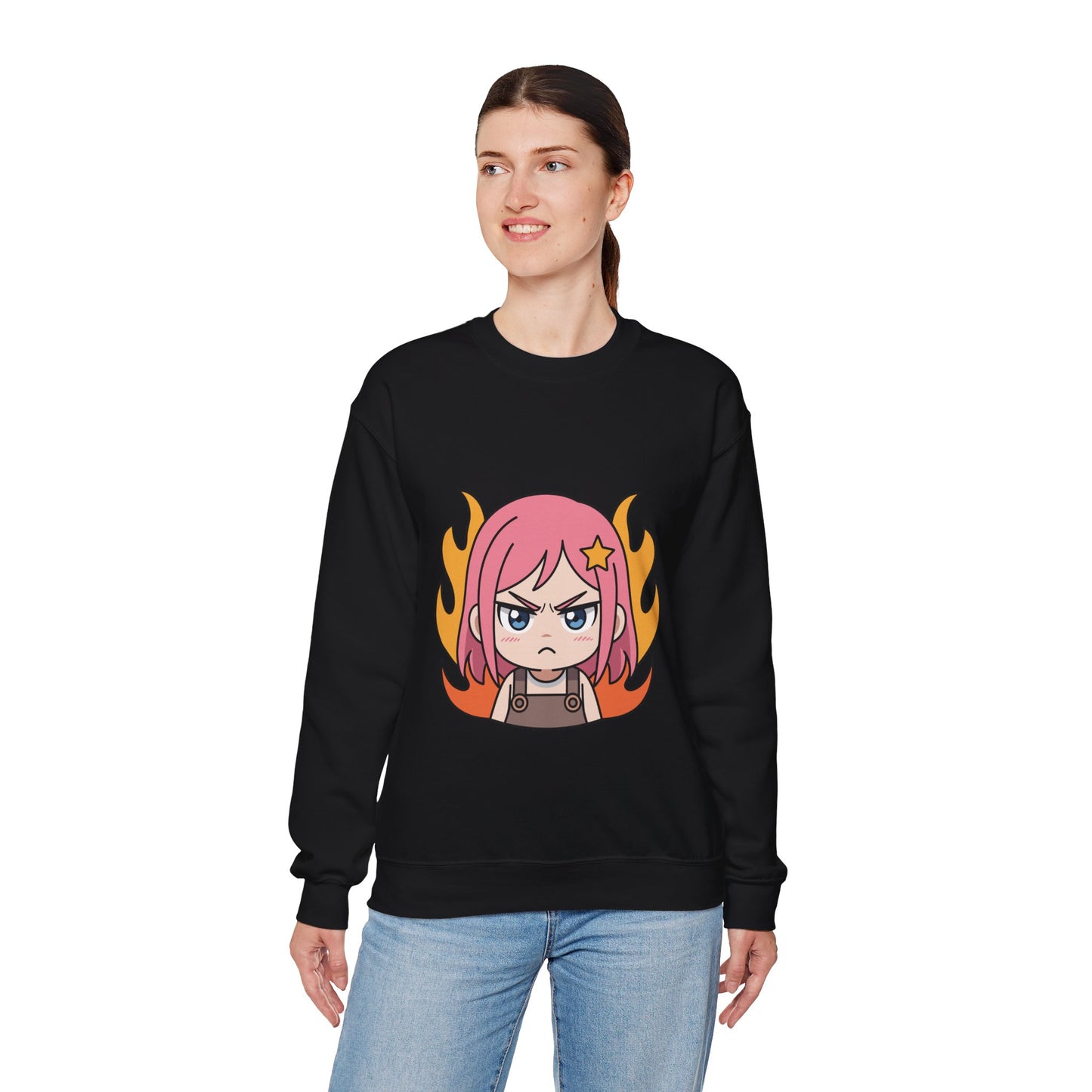 Sudadera de chica chibi enojada: adorable sudadera de cuello redondo con dibujos animados de anime y cabello flameante.