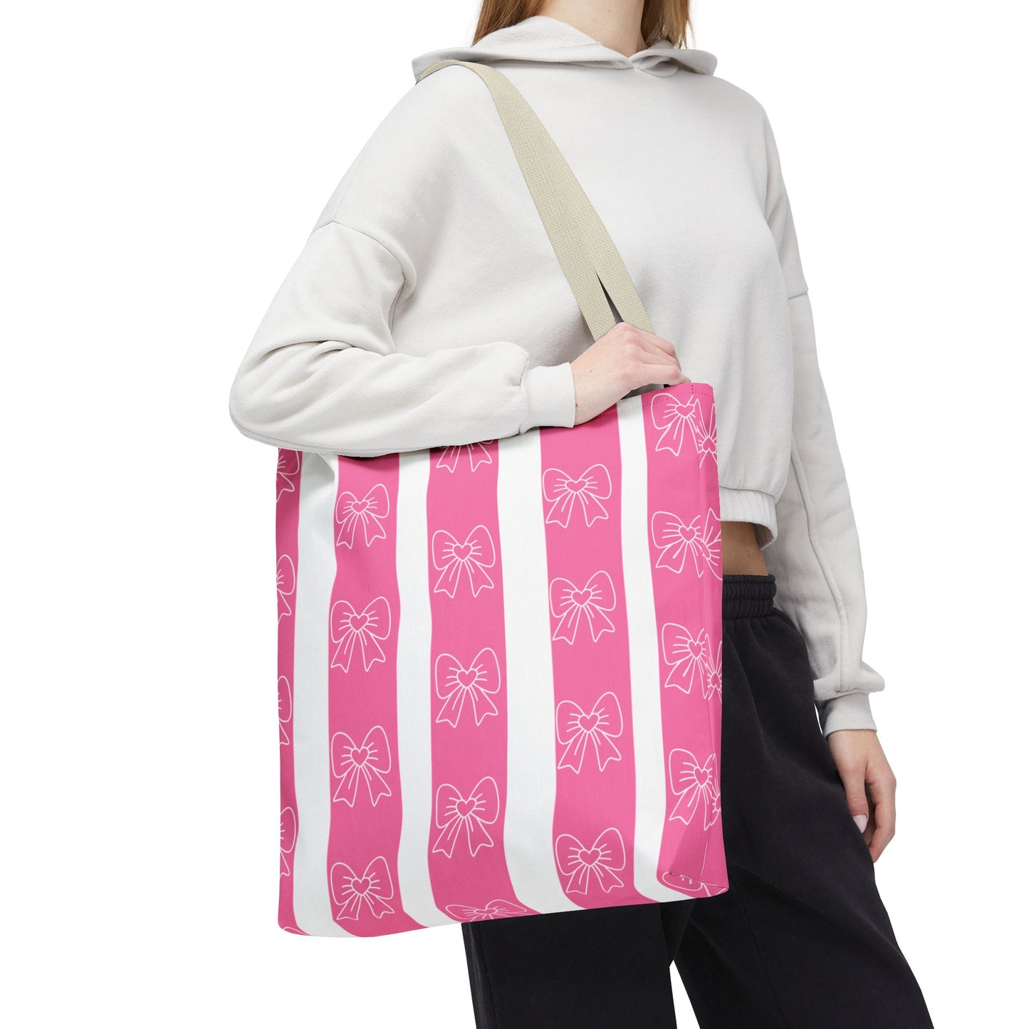 Pink Striped Bow Tote Bag — Cute Floral Bow Pattern All-Over Print Tote