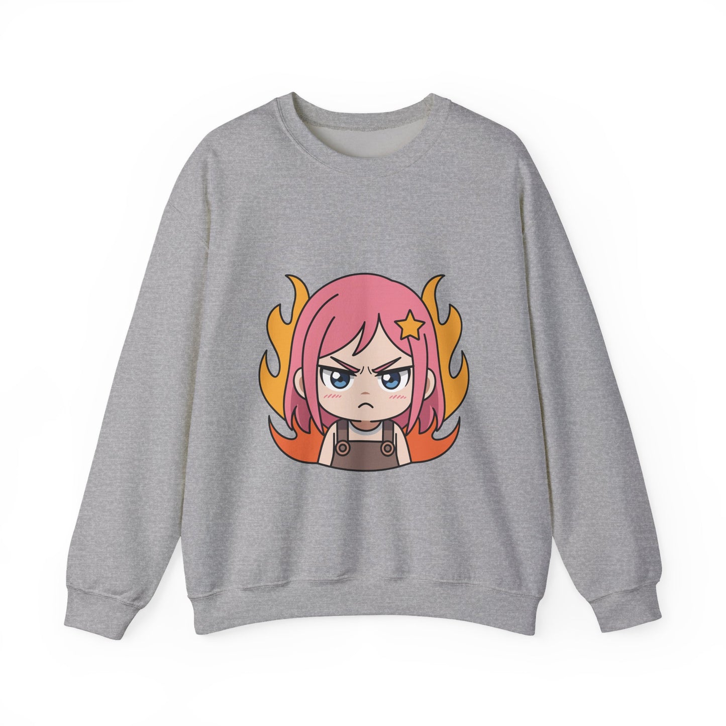Sudadera de chica chibi enojada: adorable sudadera de cuello redondo con dibujos animados de anime y cabello flameante.