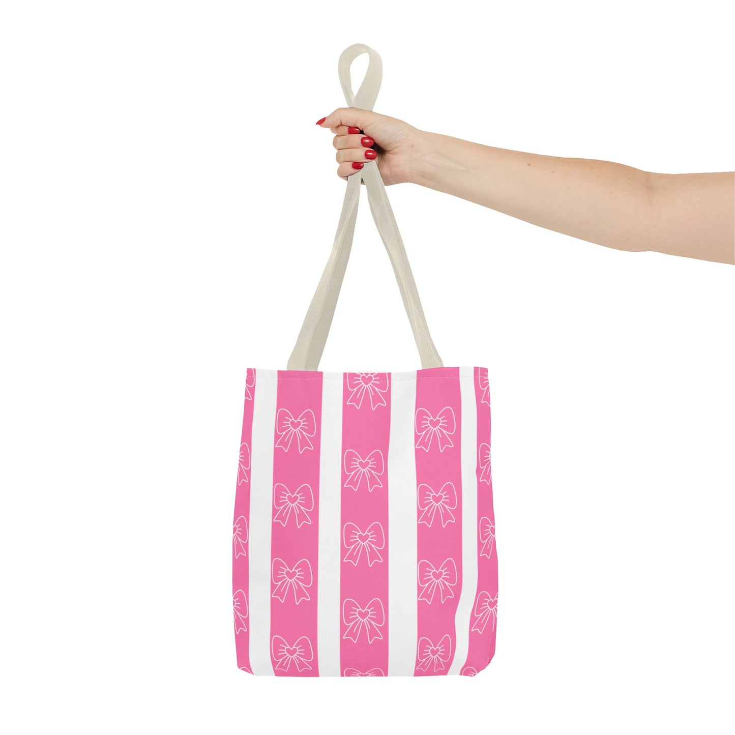 Pink Striped Bow Tote Bag — Cute Floral Bow Pattern All-Over Print Tote