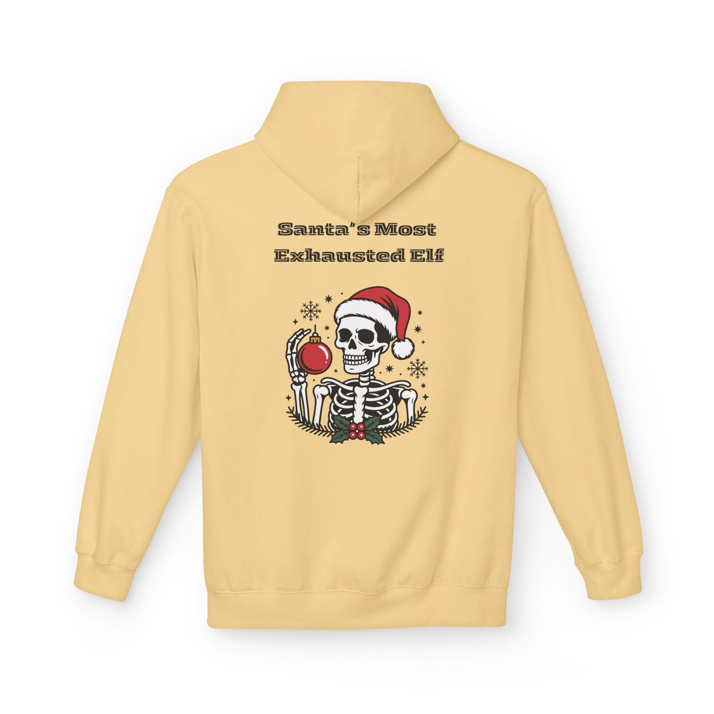 Weihnachtsmann-Hoodie mit erschöpftem Elfenmotiv – Lustiges Skelett-Weihnachts-Sweatshirt
