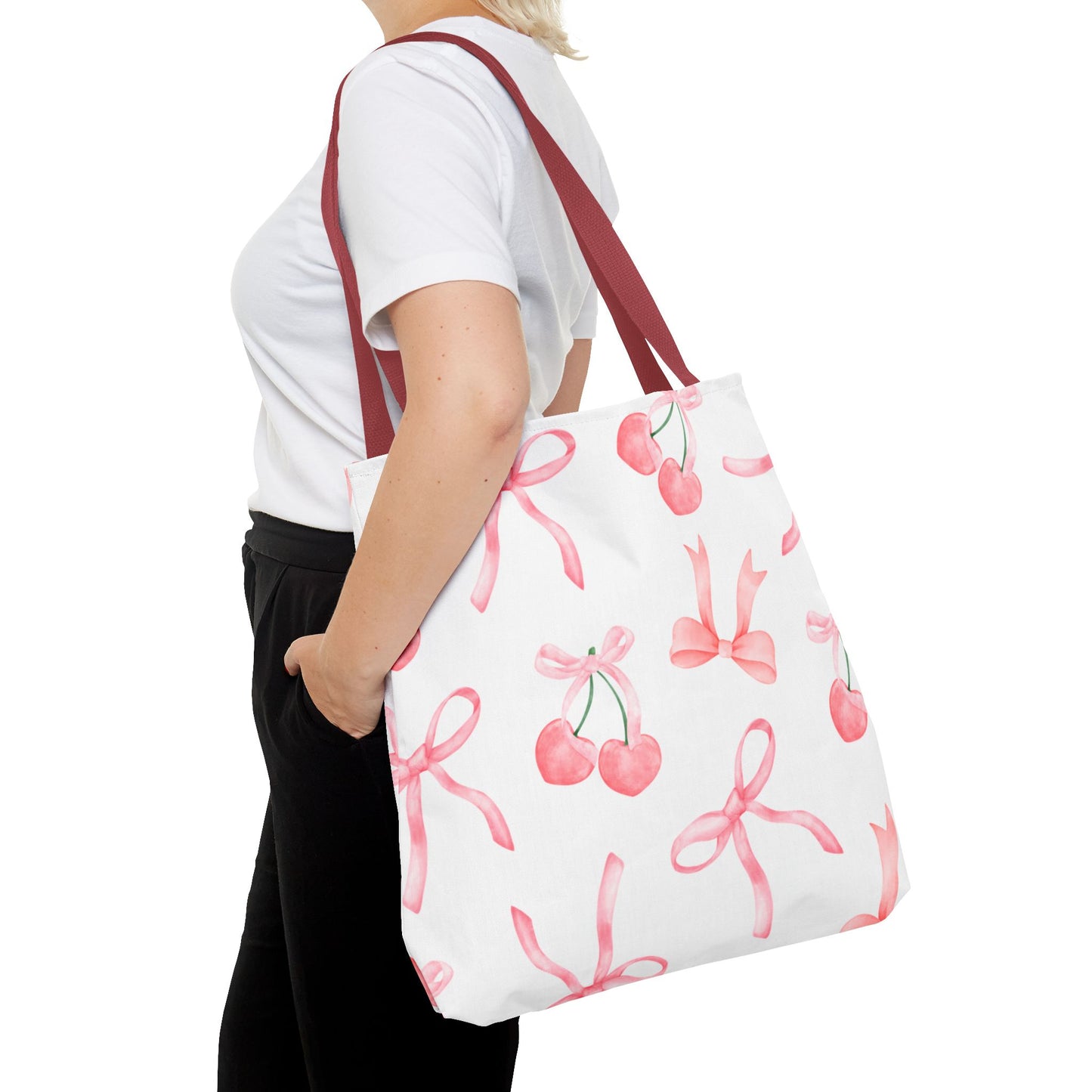 Pink Cherry Bow Tote Bag — Cute Watercolor Cherry Pattern