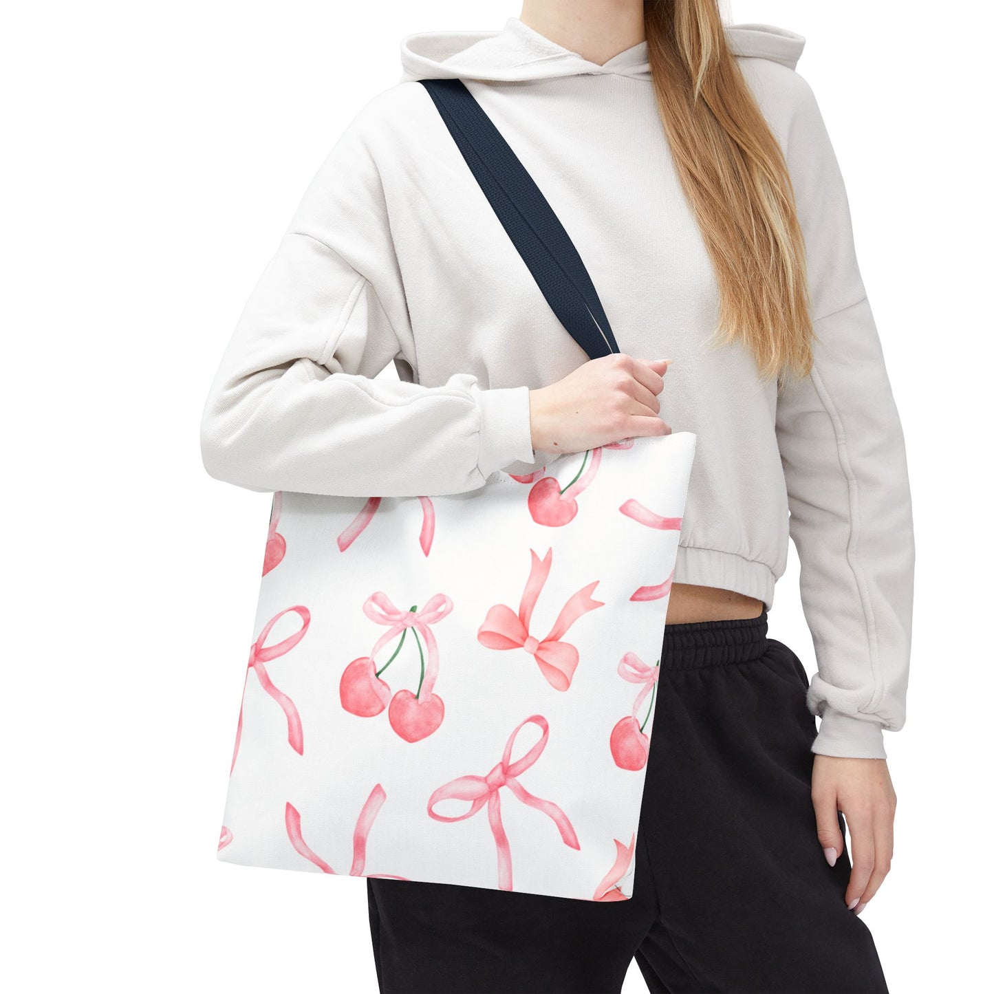 Pink Cherry Bow Tote Bag — Cute Watercolor Cherry Pattern