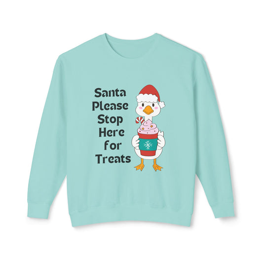 Sudadera navideña con diseño de pato: "Santa, por favor, pasa por aquí a recoger dulces". Cuello redondo navideño.