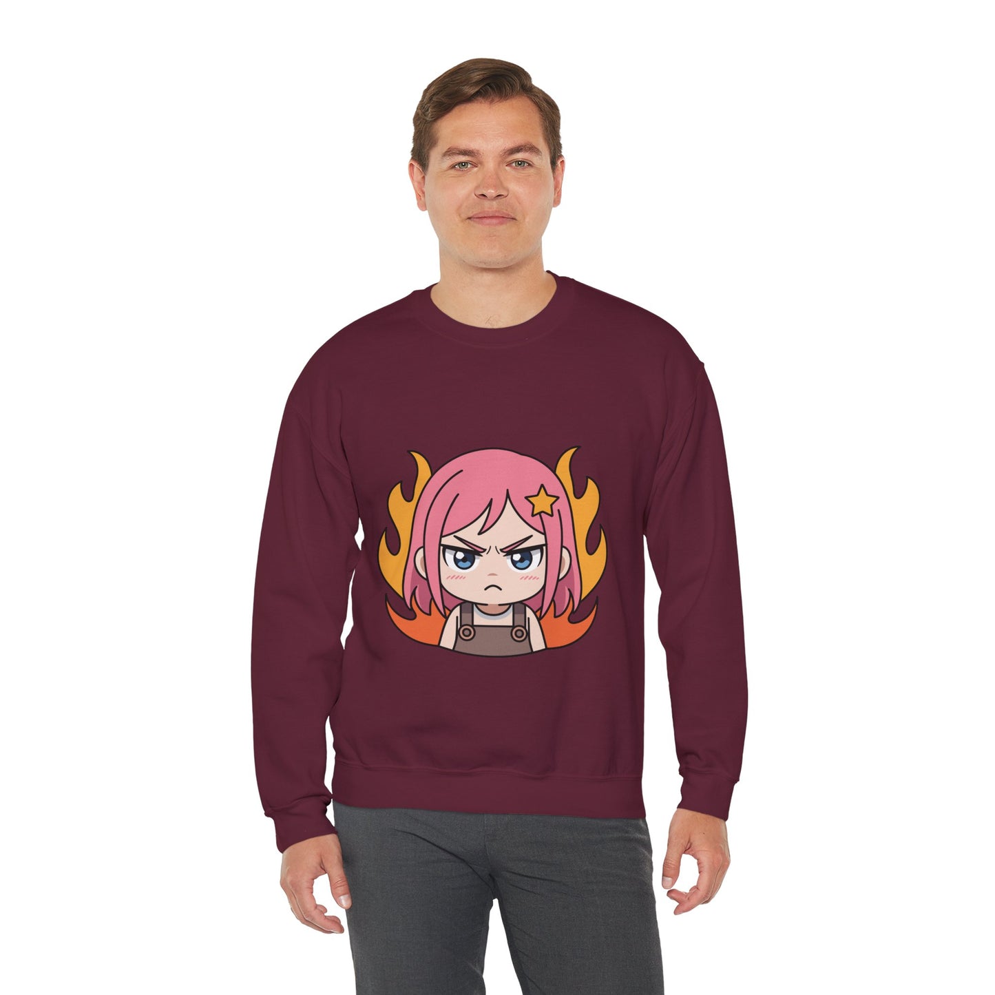 Sudadera de chica chibi enojada: adorable sudadera de cuello redondo con dibujos animados de anime y cabello flameante.