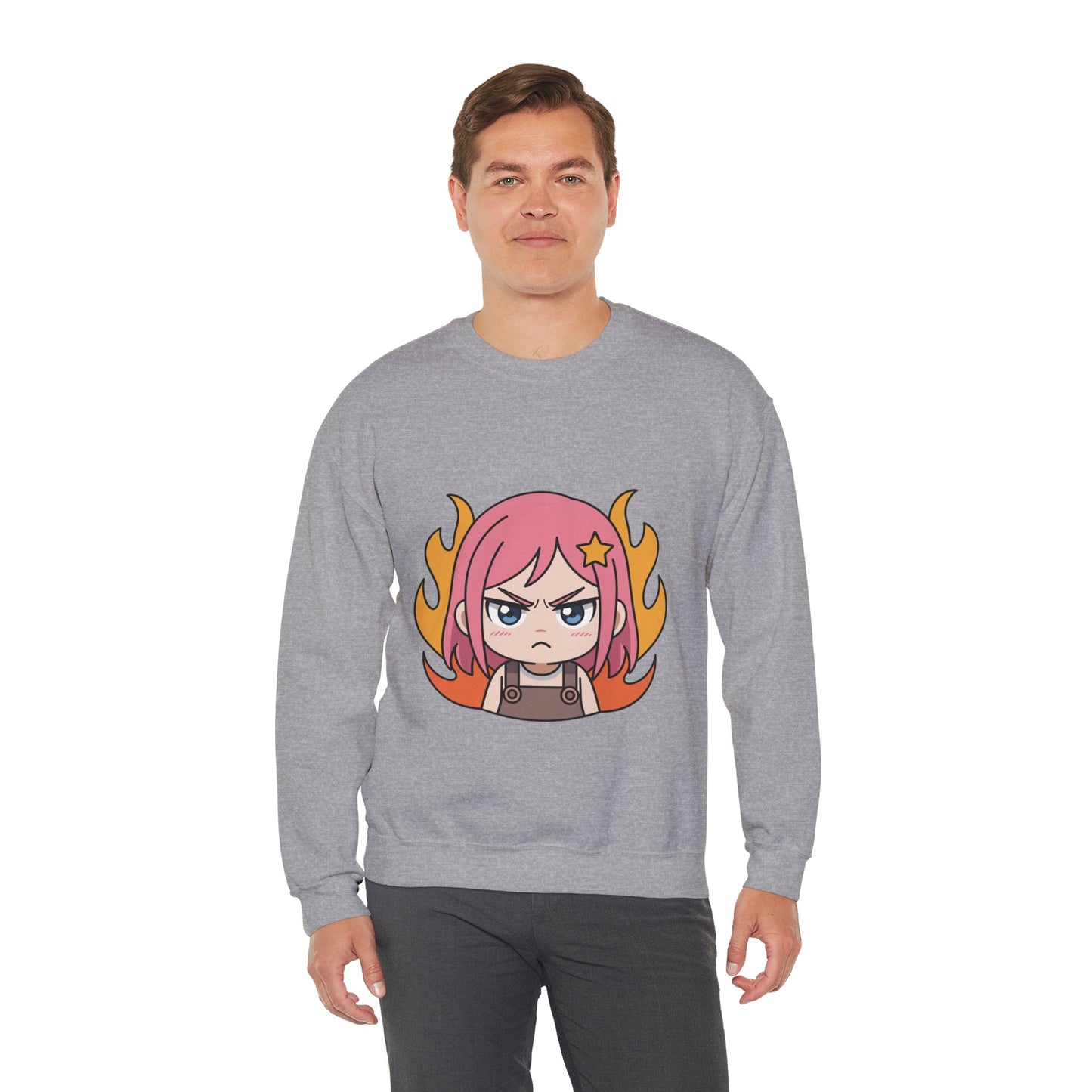 Sudadera de chica chibi enojada: adorable sudadera de cuello redondo con dibujos animados de anime y cabello flameante.