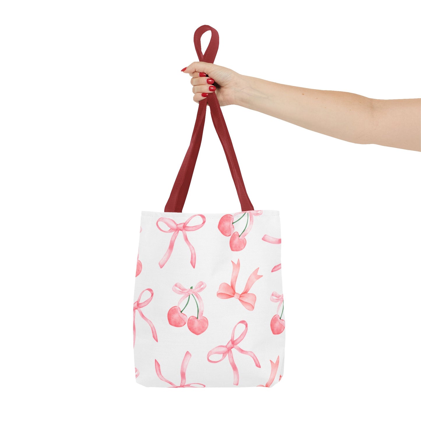 Pink Cherry Bow Tote Bag — Cute Watercolor Cherry Pattern
