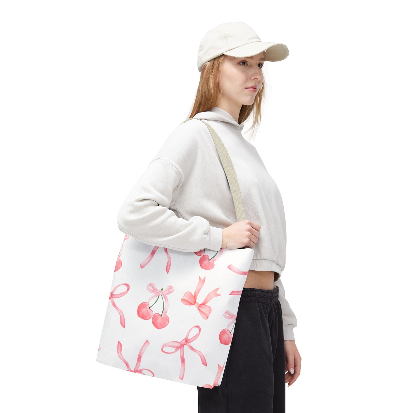 Pink Cherry Bow Tote Bag — Cute Watercolor Cherry Pattern