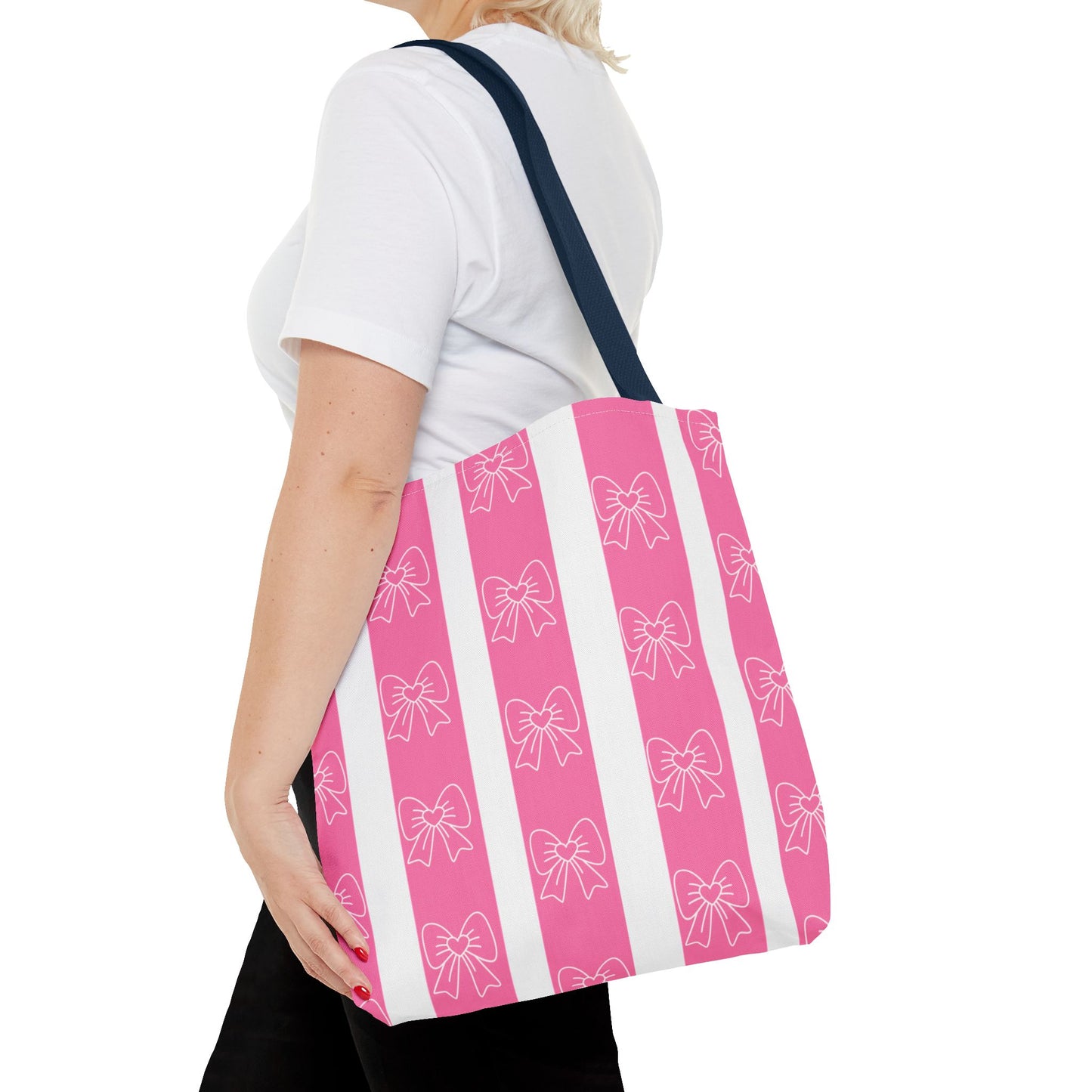 Pink Striped Bow Tote Bag — Cute Floral Bow Pattern All-Over Print Tote