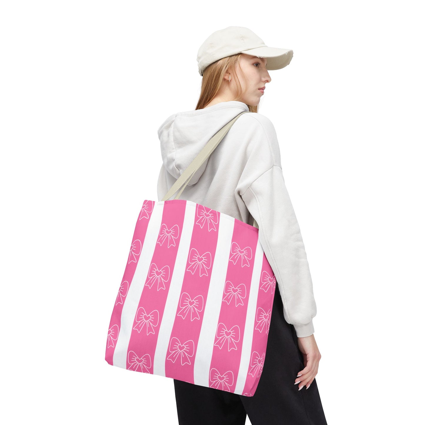 Pink Striped Bow Tote Bag — Cute Floral Bow Pattern All-Over Print Tote