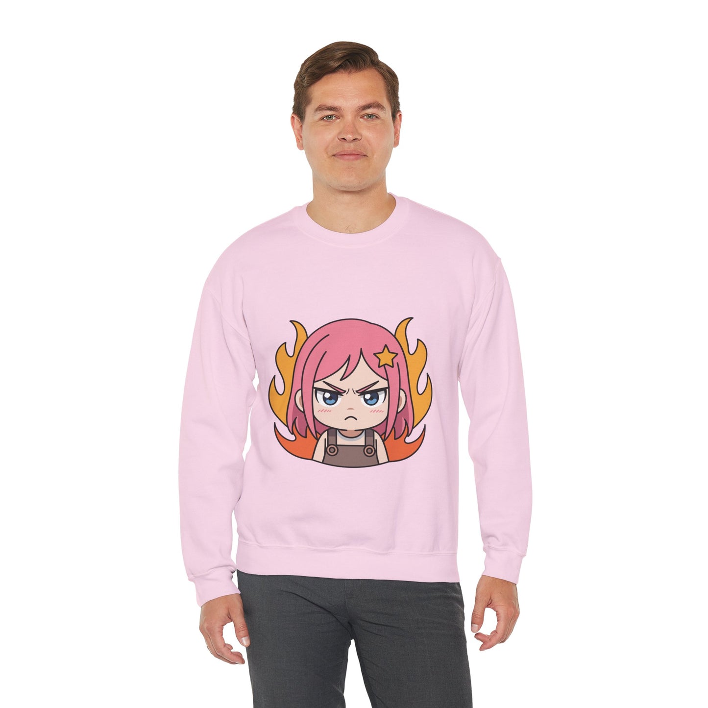 Sudadera de chica chibi enojada: adorable sudadera de cuello redondo con dibujos animados de anime y cabello flameante.