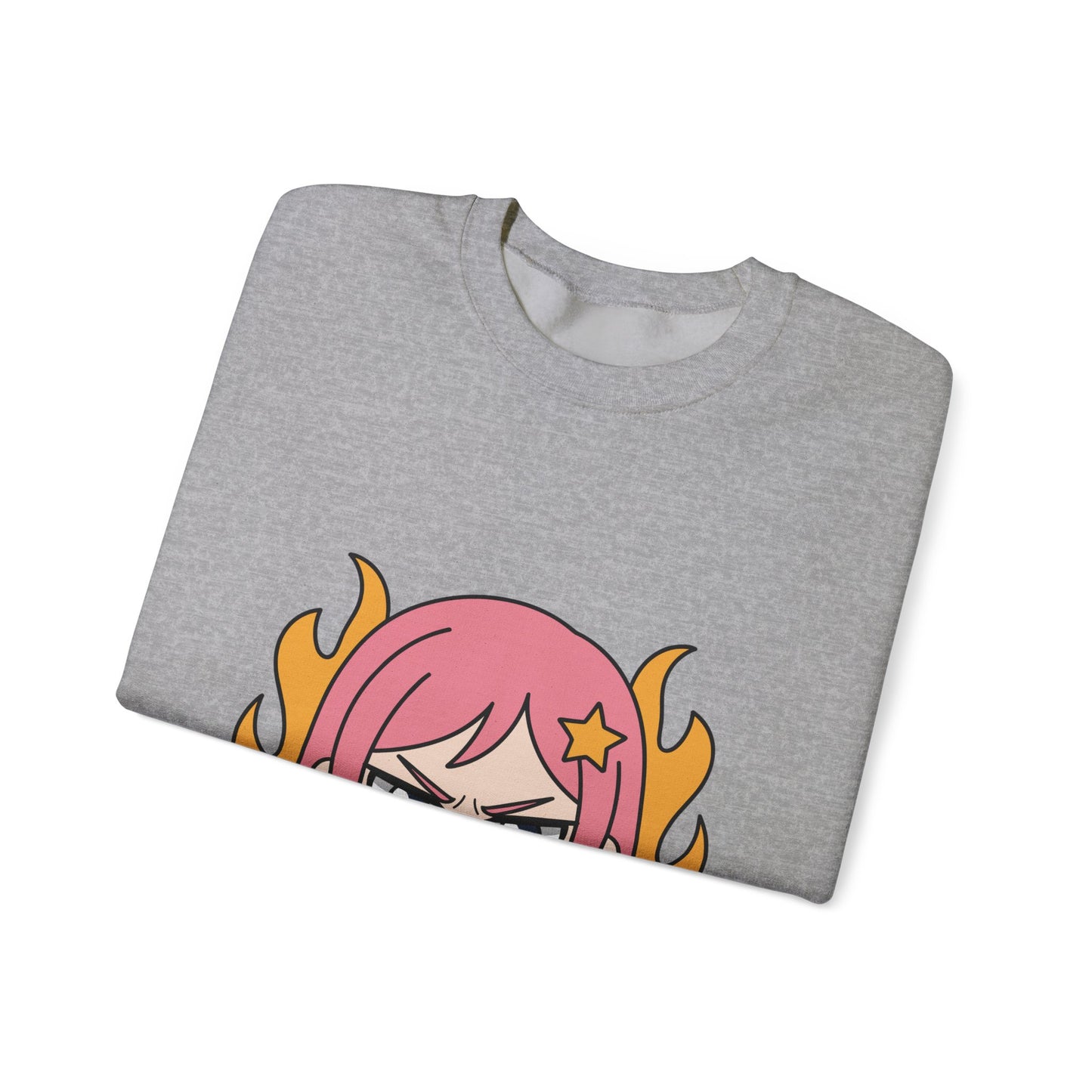 Sudadera de chica chibi enojada: adorable sudadera de cuello redondo con dibujos animados de anime y cabello flameante.
