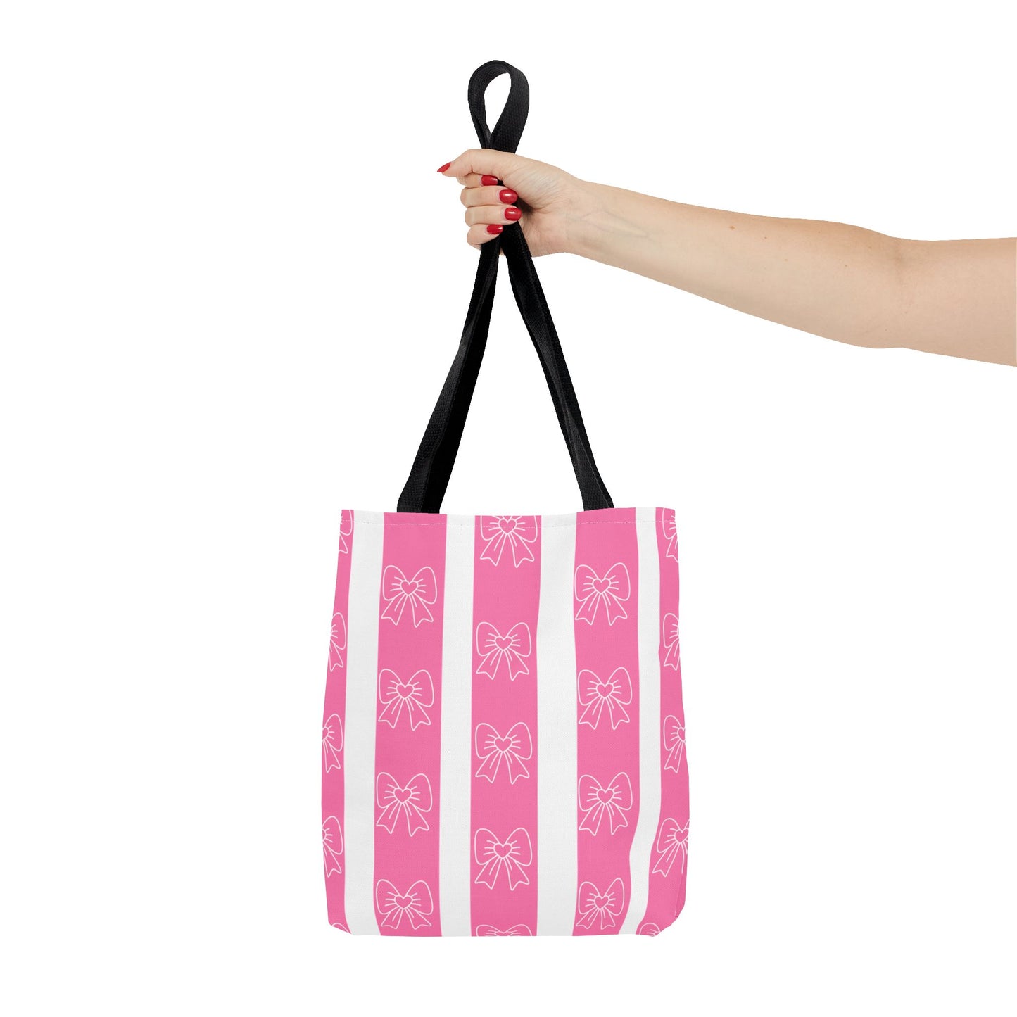 Pink Striped Bow Tote Bag — Cute Floral Bow Pattern All-Over Print Tote