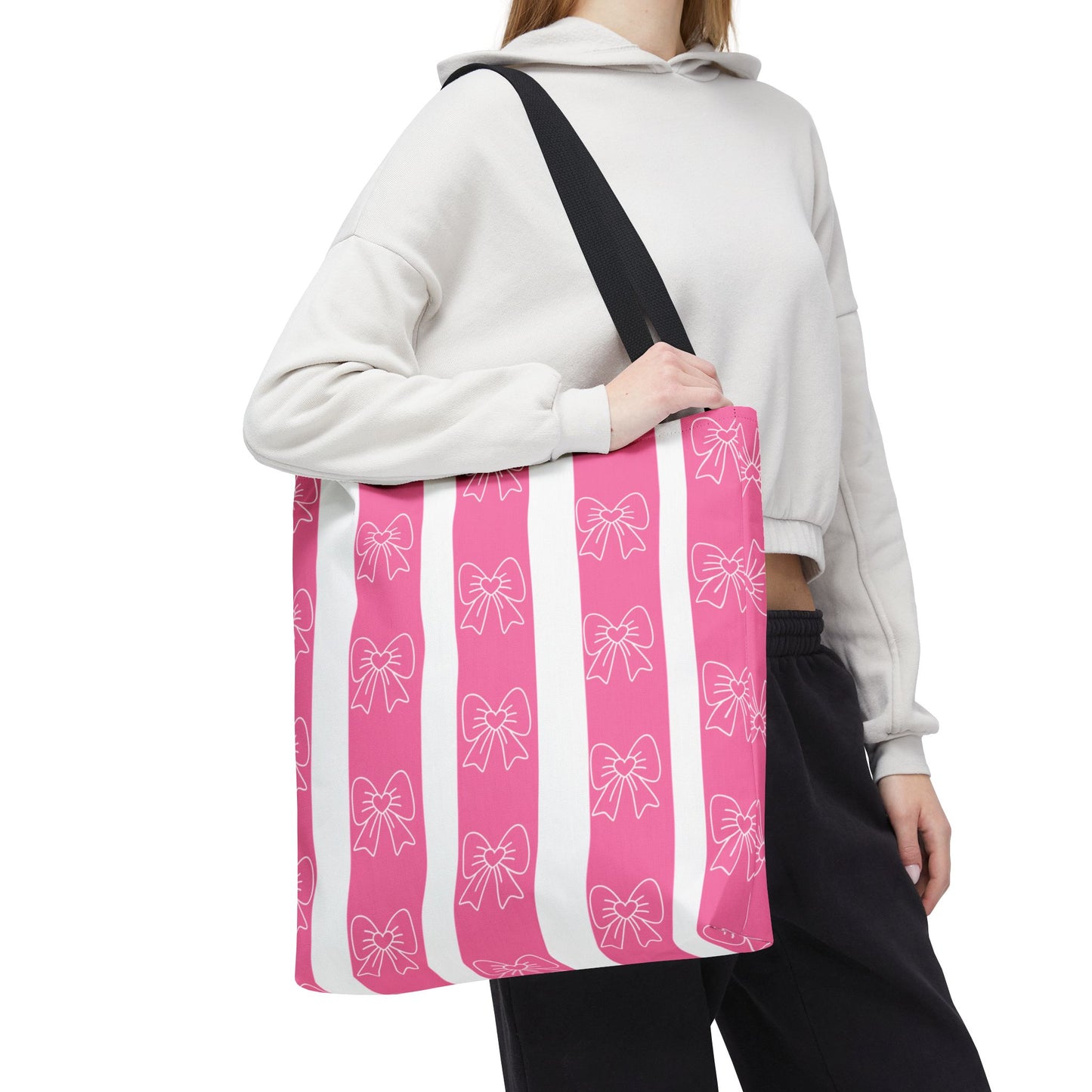 Pink Striped Bow Tote Bag — Cute Floral Bow Pattern All-Over Print Tote