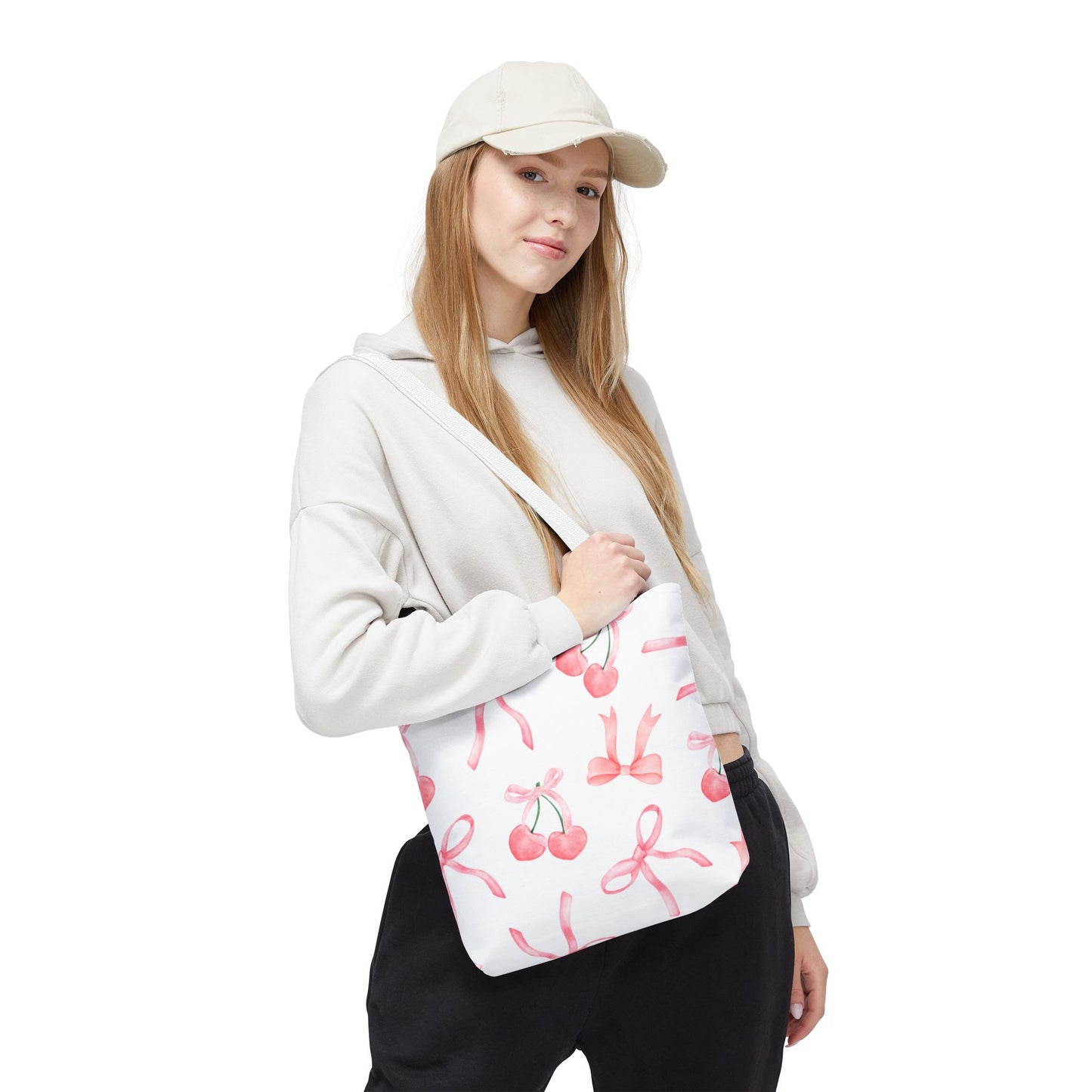 Pink Cherry Bow Tote Bag — Cute Watercolor Cherry Pattern