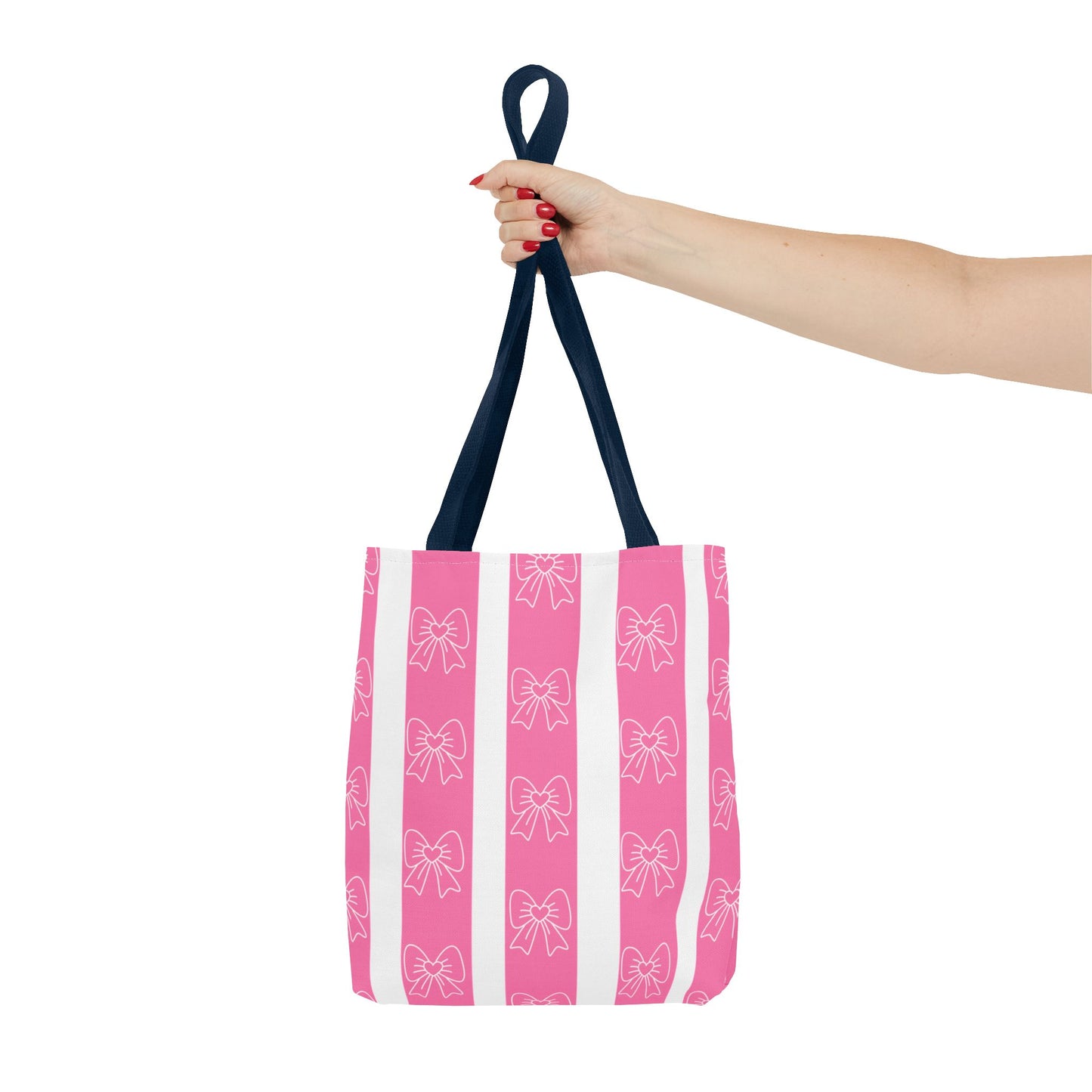 Pink Striped Bow Tote Bag — Cute Floral Bow Pattern All-Over Print Tote