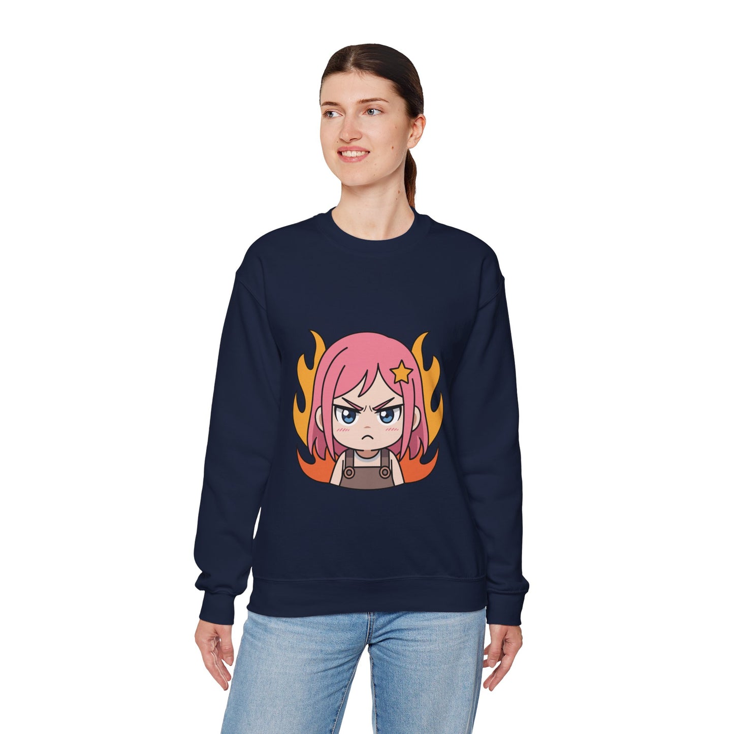 Sudadera de chica chibi enojada: adorable sudadera de cuello redondo con dibujos animados de anime y cabello flameante.