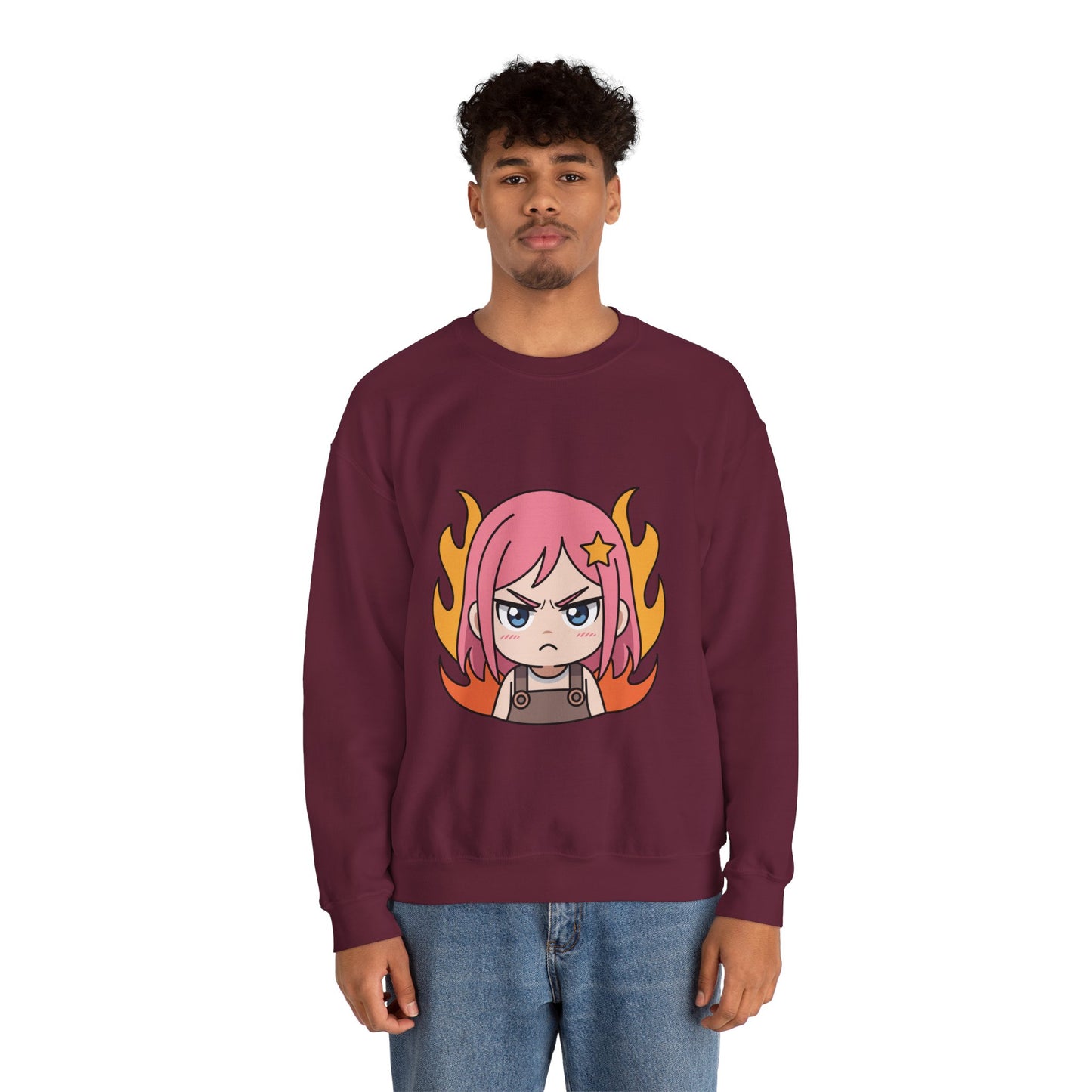 Sudadera de chica chibi enojada: adorable sudadera de cuello redondo con dibujos animados de anime y cabello flameante.