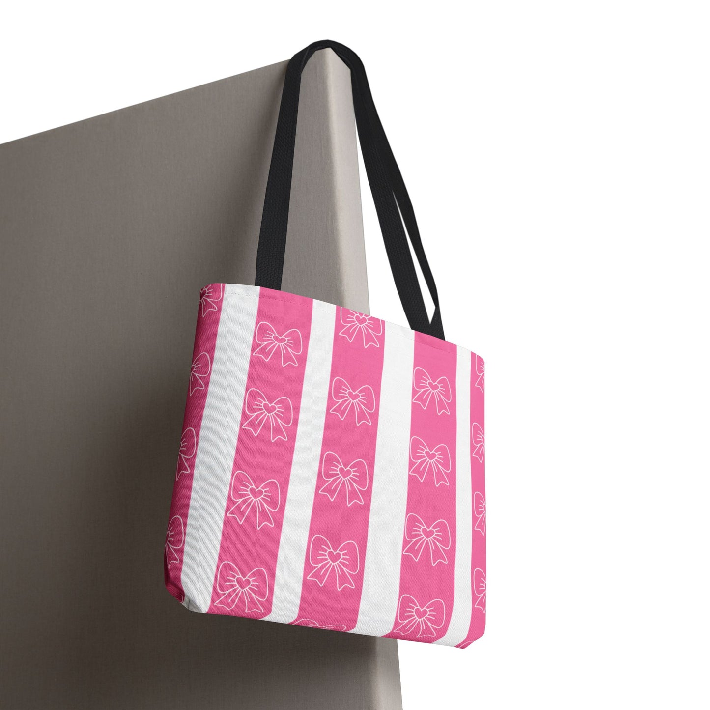 Pink Striped Bow Tote Bag — Cute Floral Bow Pattern All-Over Print Tote