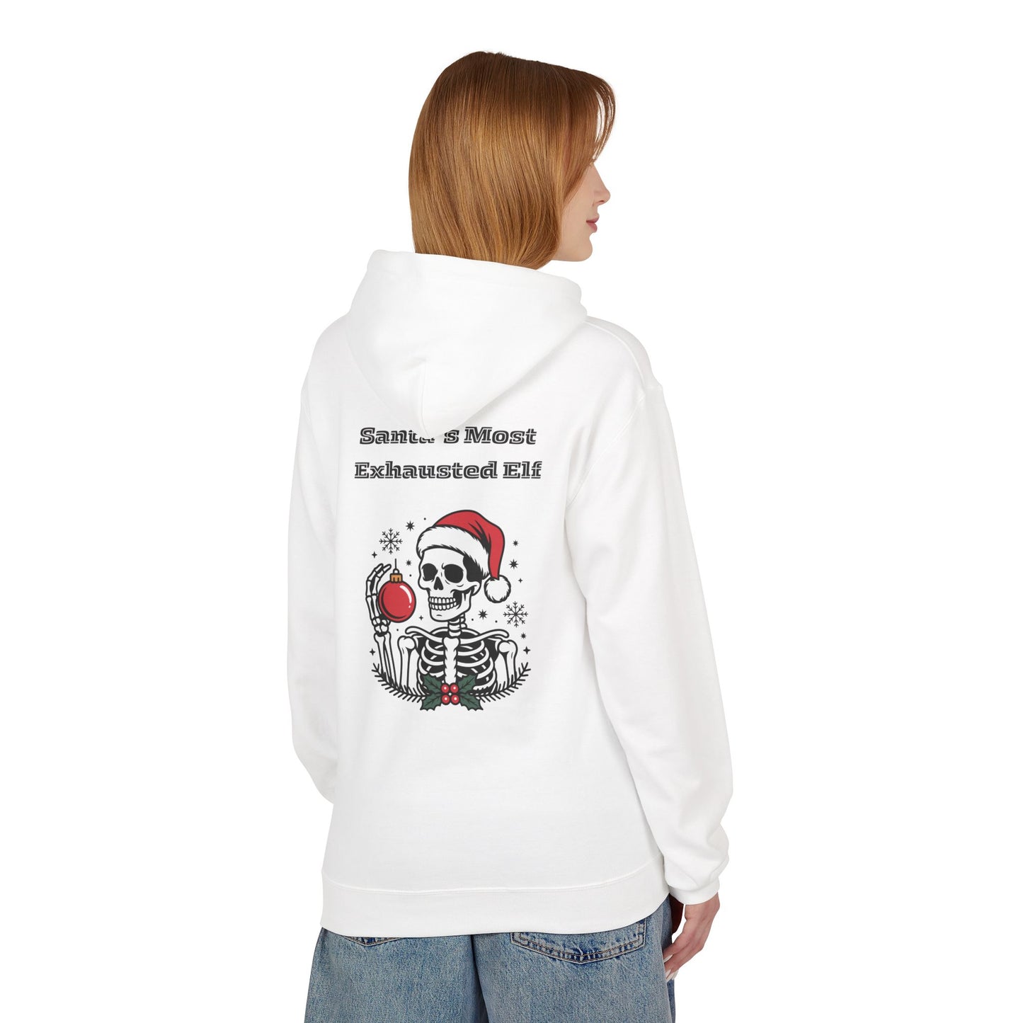 Weihnachtsmann-Hoodie mit erschöpftem Elfenmotiv – Lustiges Skelett-Weihnachts-Sweatshirt