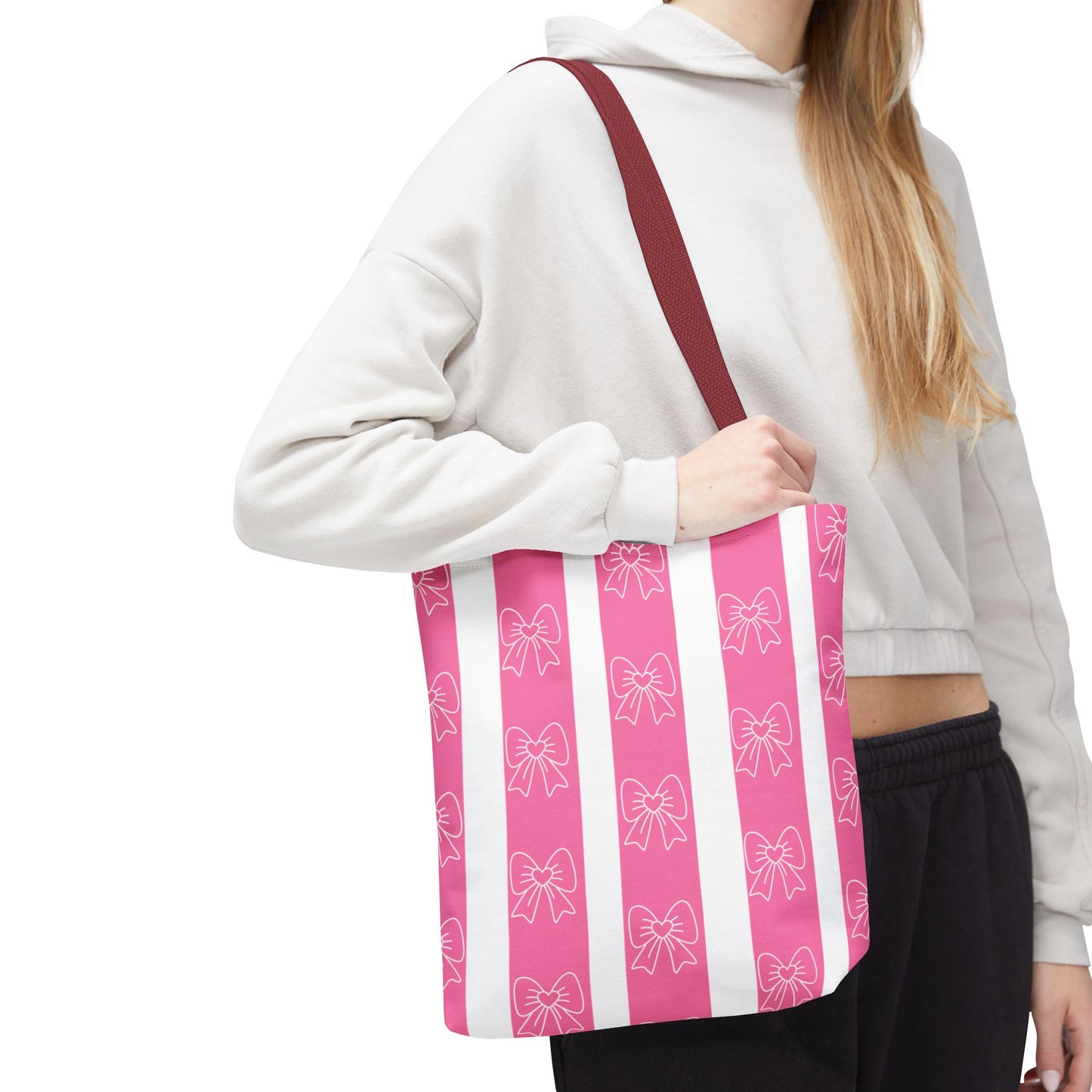Pink Striped Bow Tote Bag — Cute Floral Bow Pattern All-Over Print Tote