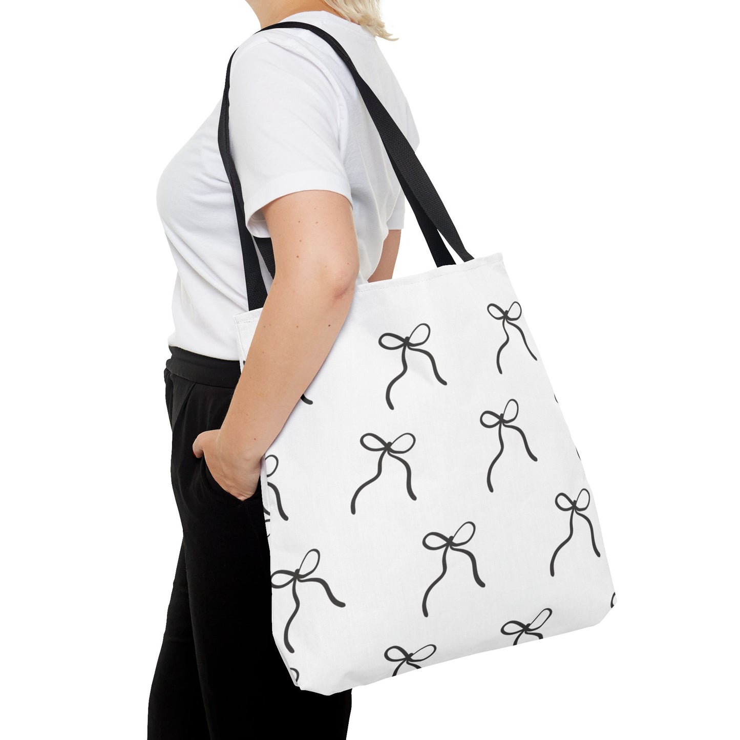 Minimalist Black Bow Pattern Tote Bag — All-Over Print