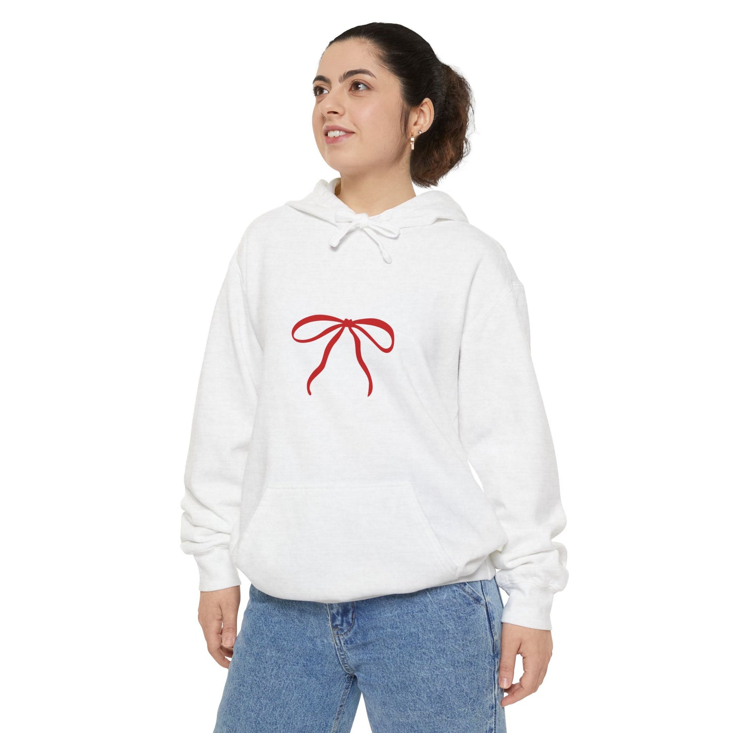 Minimal Red Bow Hoodie — Simple Ribbon Graphic Pullover