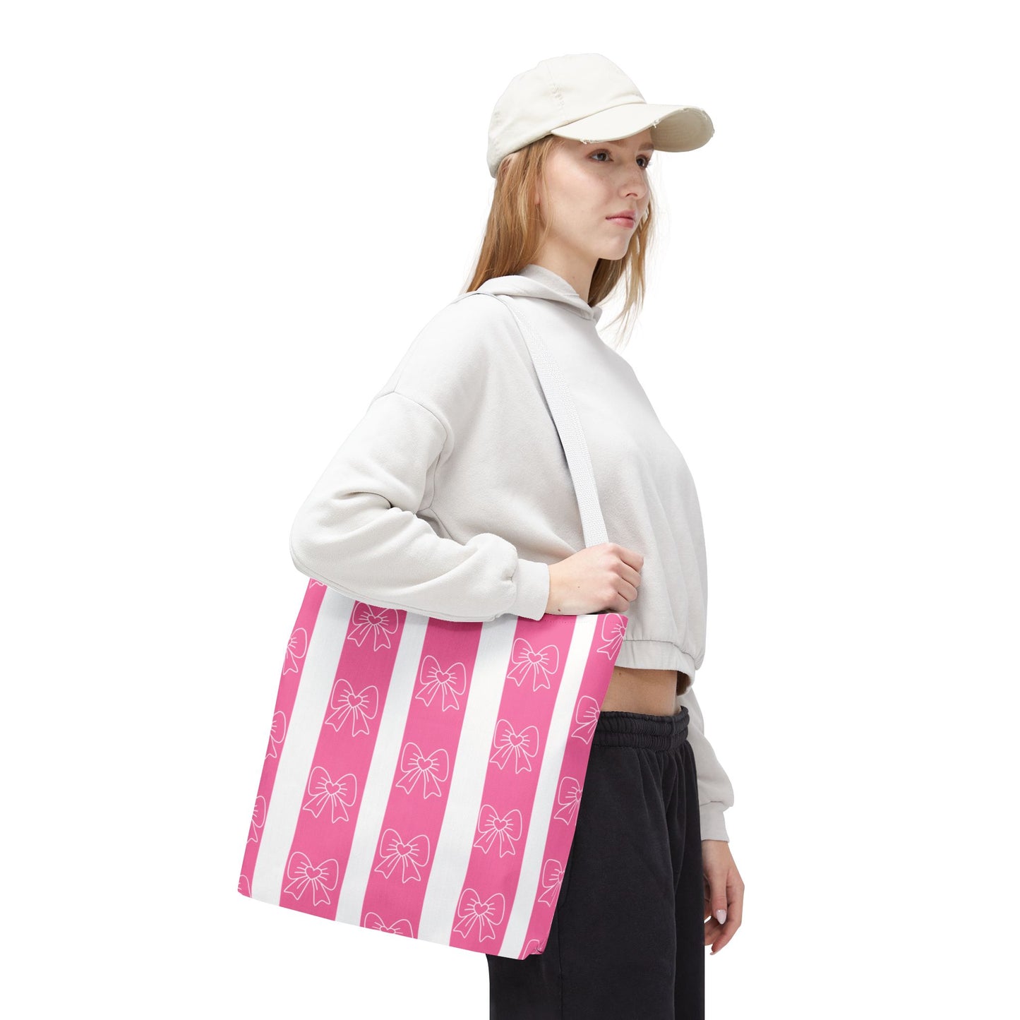Pink Striped Bow Tote Bag — Cute Floral Bow Pattern All-Over Print Tote