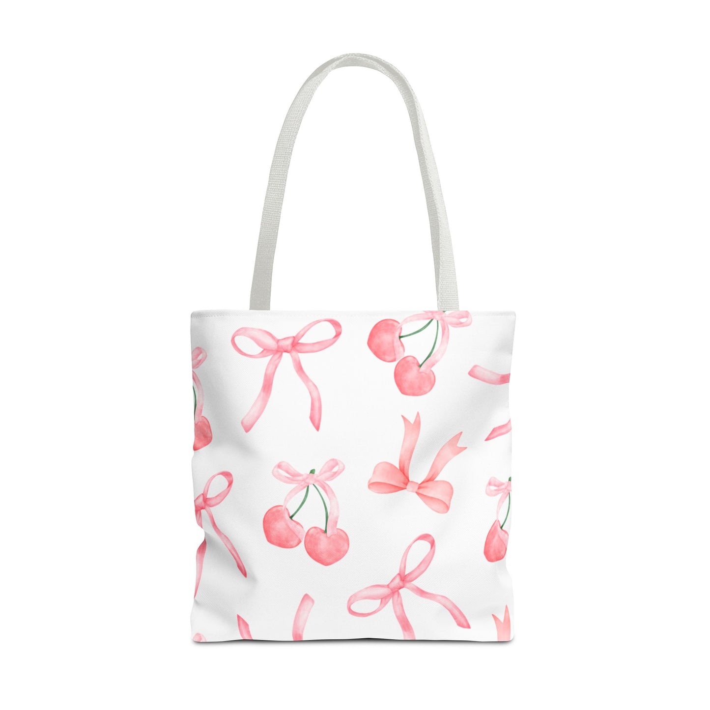 Pink Cherry Bow Tote Bag — Cute Watercolor Cherry Pattern